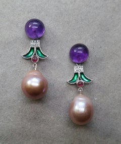 Art Deco Style Baroque Pearls Amethyst Ruby Diamonds Gold Green Enamel Earrings