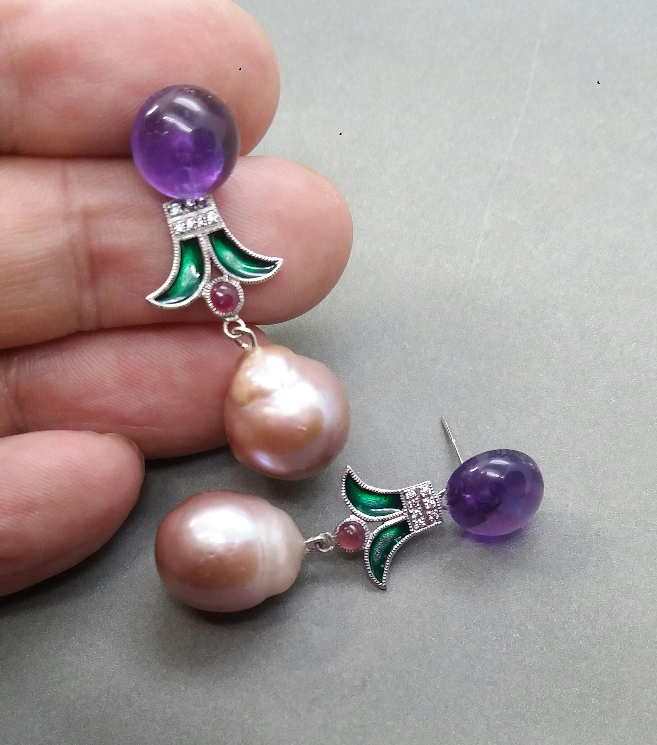 Art Deco Style Baroque Pearls Amethyst Ruby Diamonds Gold Green Enamel Earrings In Good Condition For Sale In Bangkok, TH