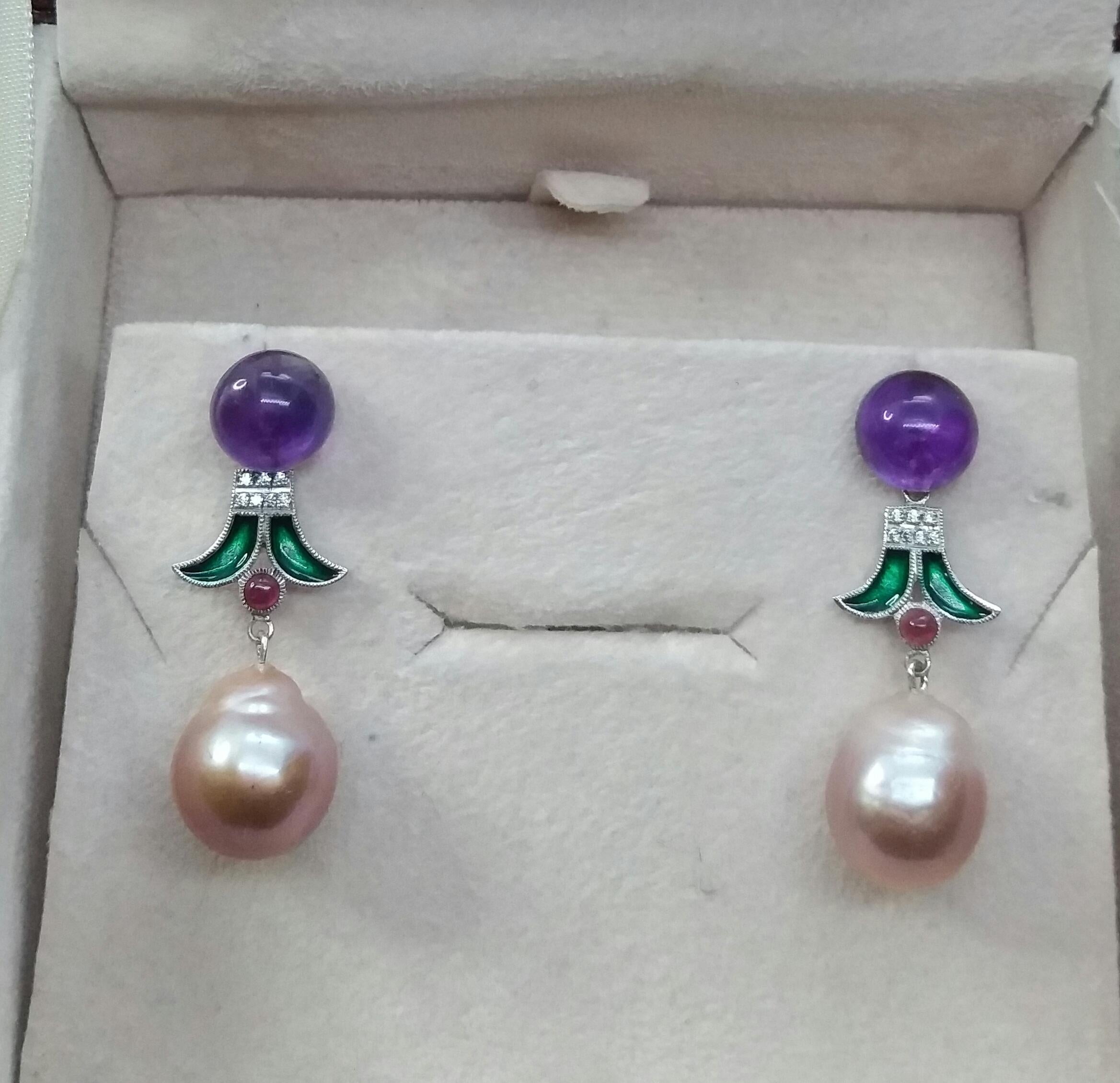 Women's Art Deco Style Baroque Pearls Amethyst Ruby Diamonds Gold Green Enamel Earrings For Sale