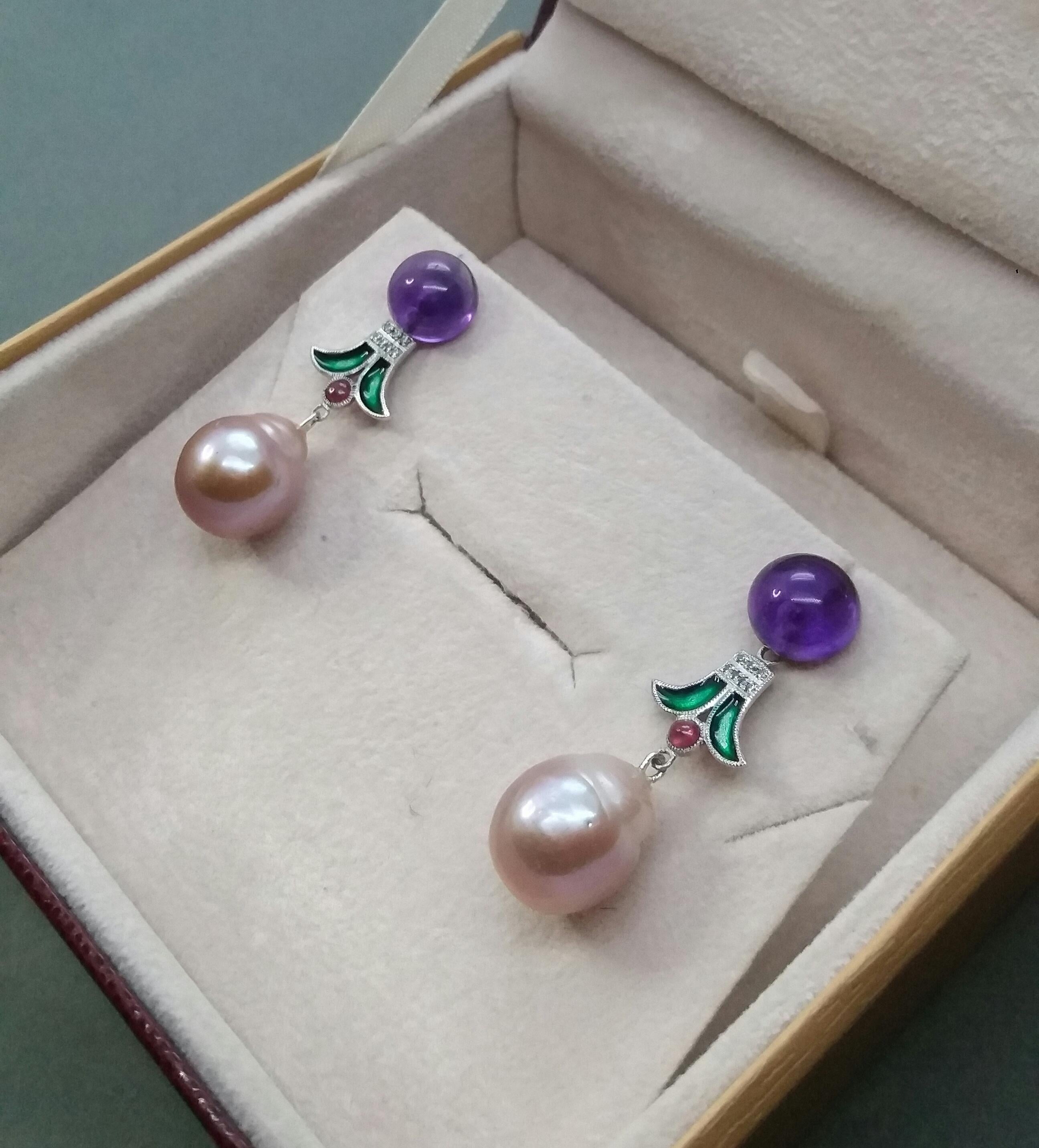 Art Deco Style Baroque Pearls Amethyst Ruby Diamonds Gold Green Enamel Earrings For Sale 1