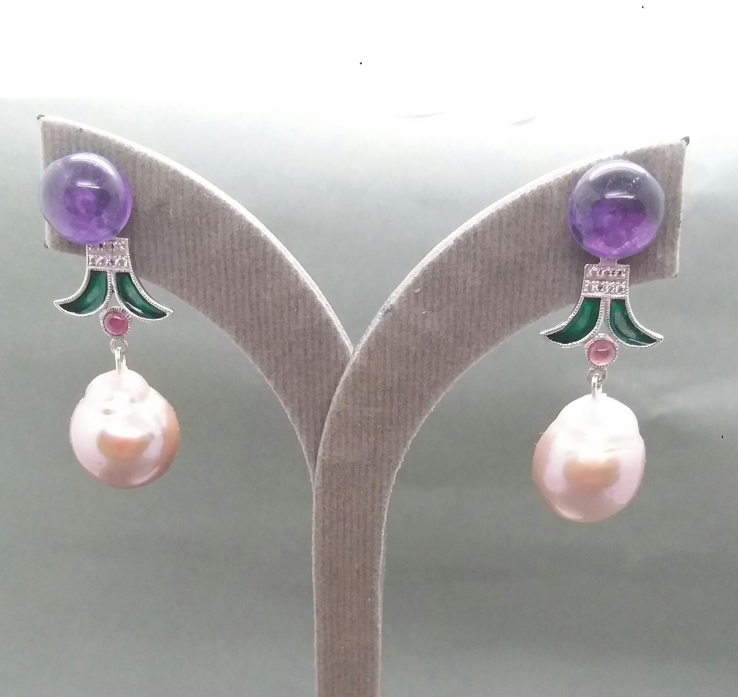 Art Deco Style Baroque Pearls Amethyst Ruby Diamonds Gold Green Enamel Earrings For Sale 2