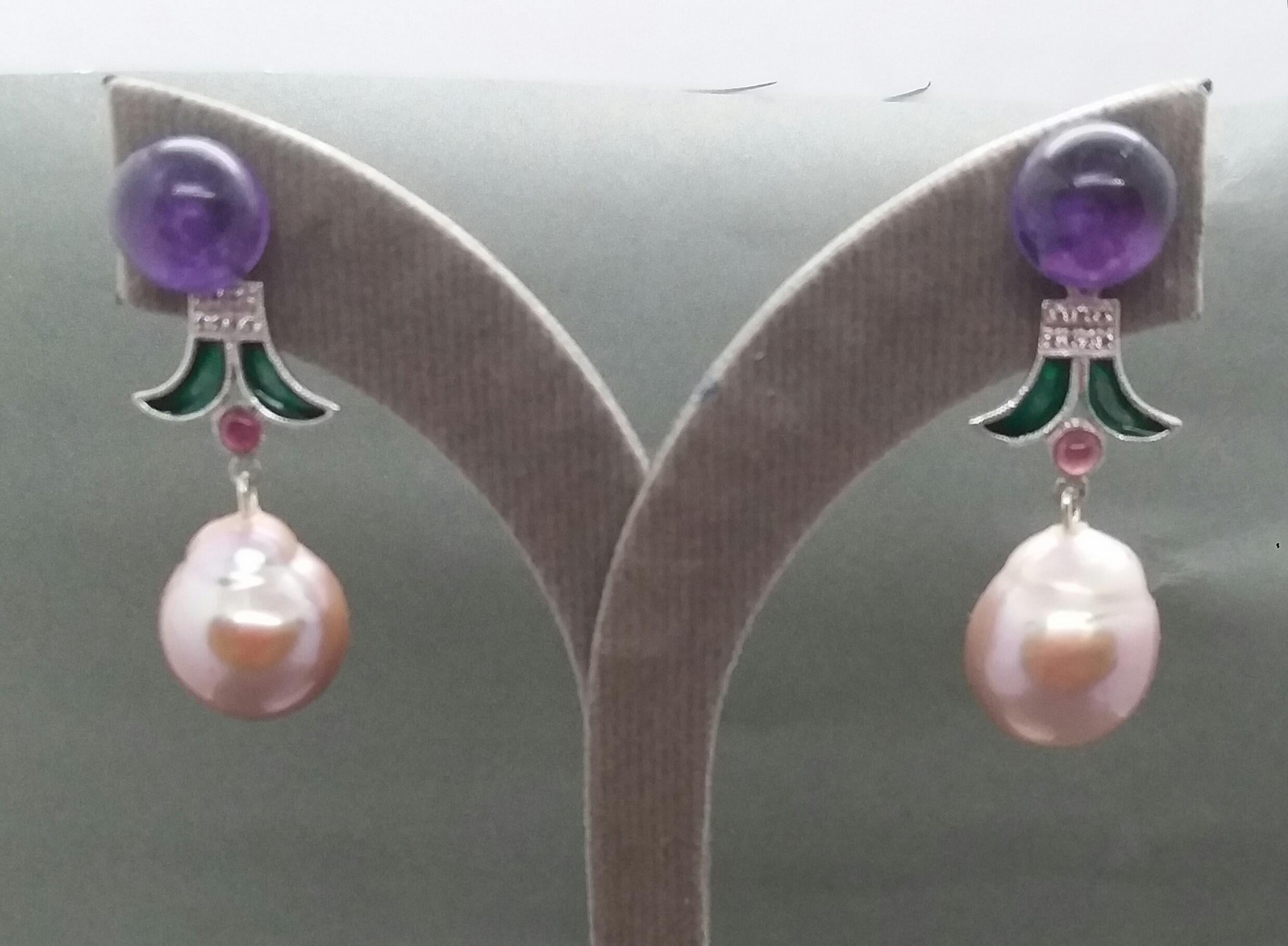 Art Deco Style Baroque Pearls Amethyst Ruby Diamonds Gold Green Enamel Earrings For Sale 3