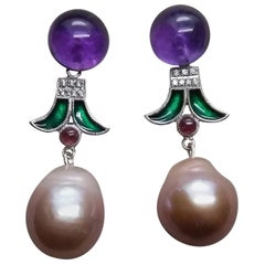 Art Deco Style Baroque Pearls Amethyst Ruby Diamonds Gold Green Enamel Earrings