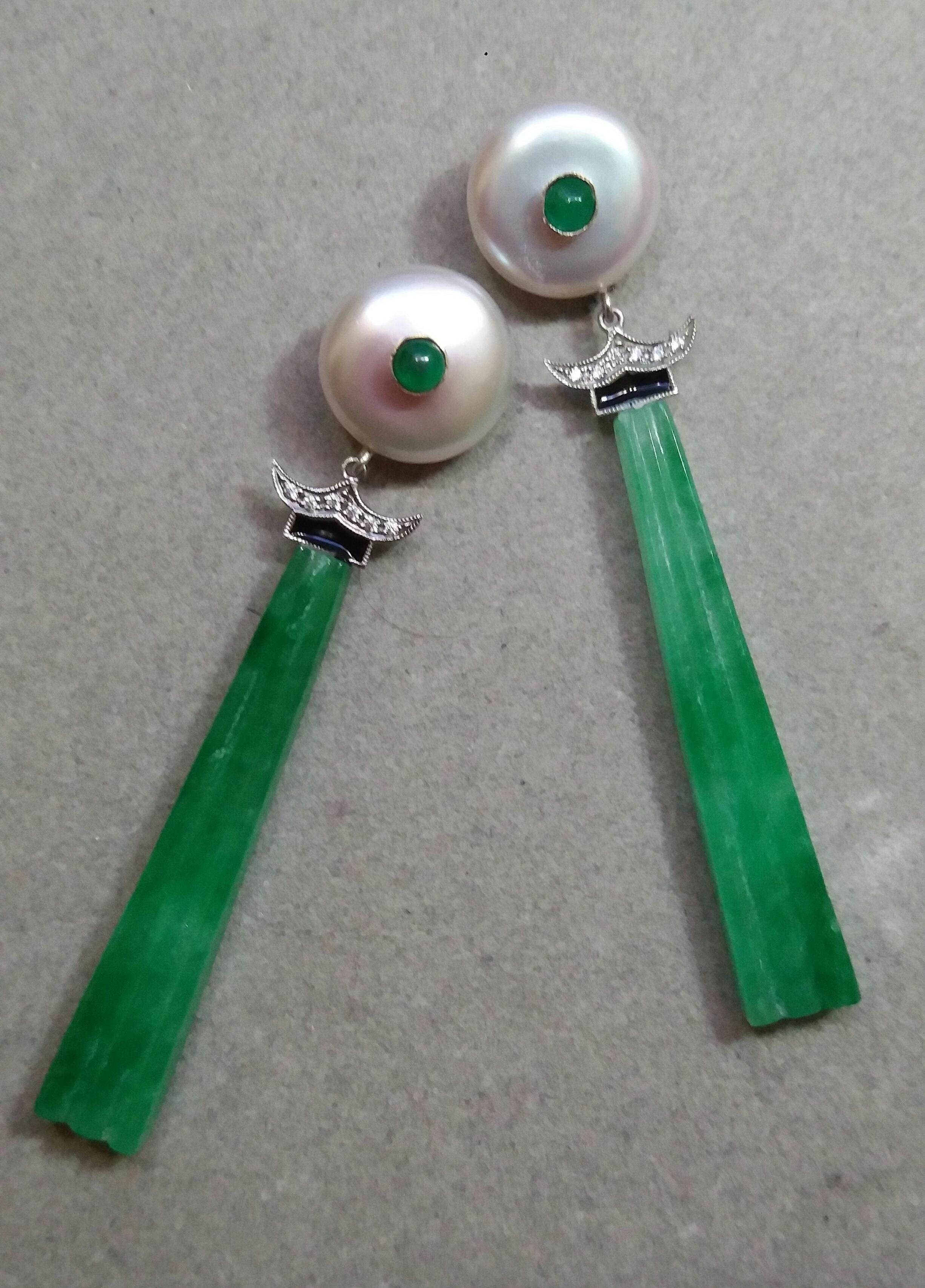 Mixed Cut Art Deco Style Baroque Pearls Emeralds Gold Diamonds Enamels Jade Drop Earrings For Sale