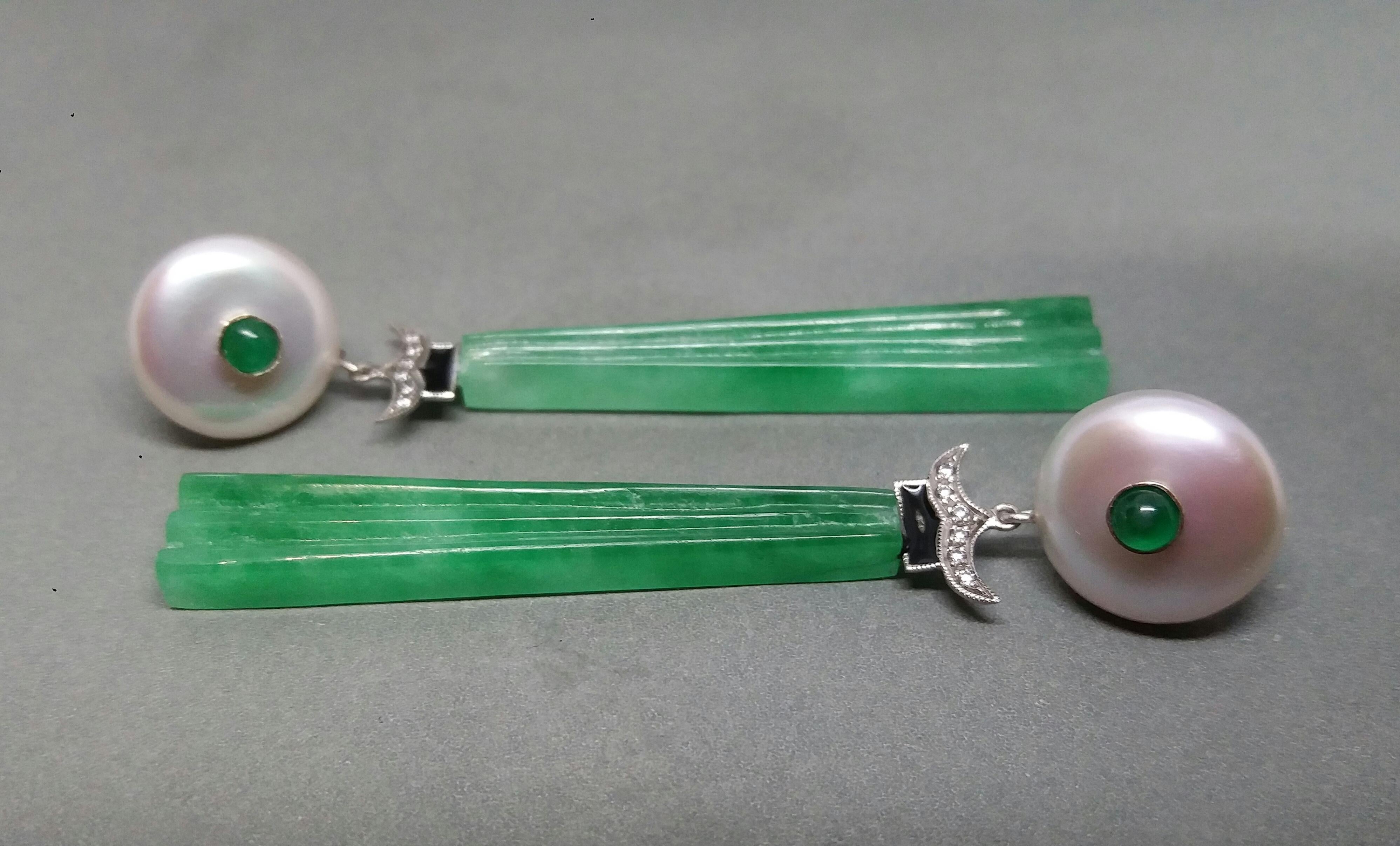 Art Deco Style Baroque Pearls Emeralds Gold Diamonds Enamels Jade Drop Earrings In Good Condition For Sale In Bangkok, TH