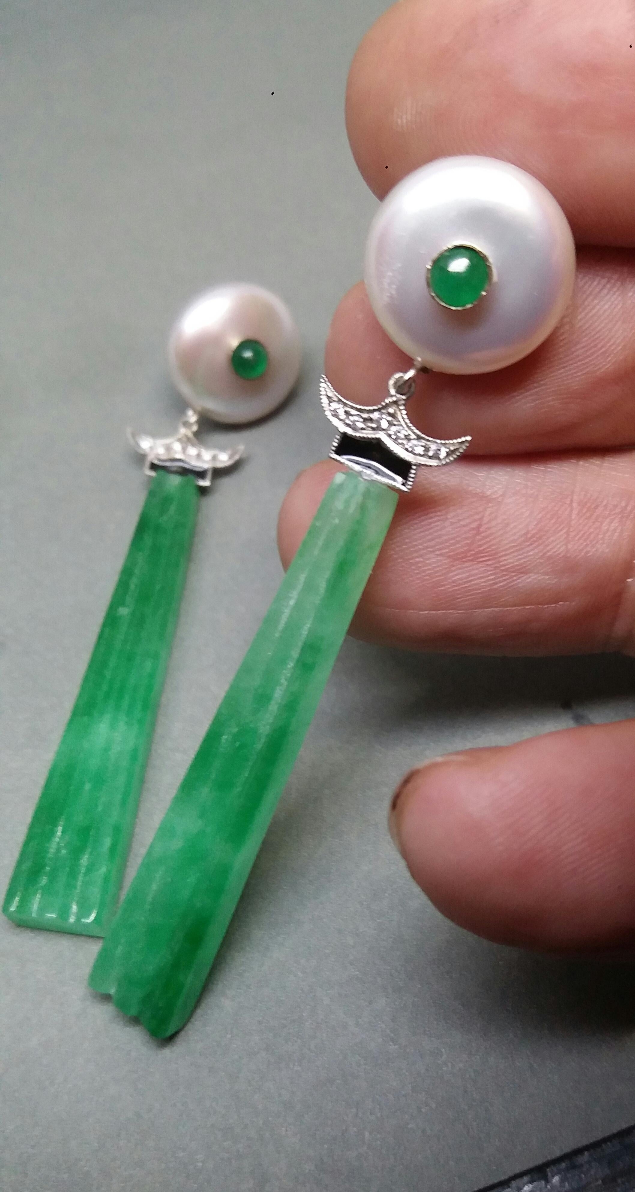 Women's Art Deco Style Baroque Pearls Emeralds Gold Diamonds Enamels Jade Drop Earrings For Sale