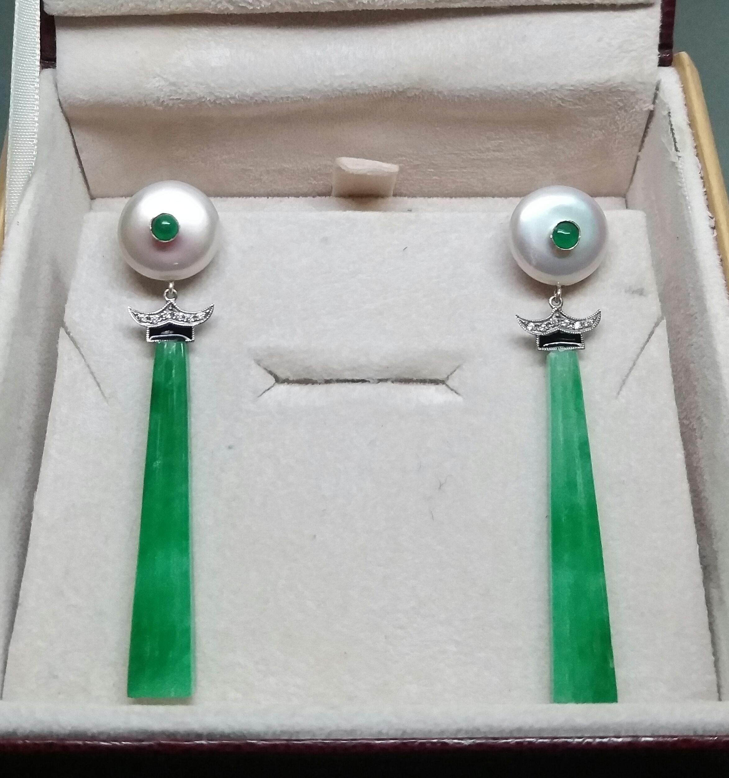 Art Deco Style Baroque Pearls Emeralds Gold Diamonds Enamels Jade Drop Earrings For Sale 1