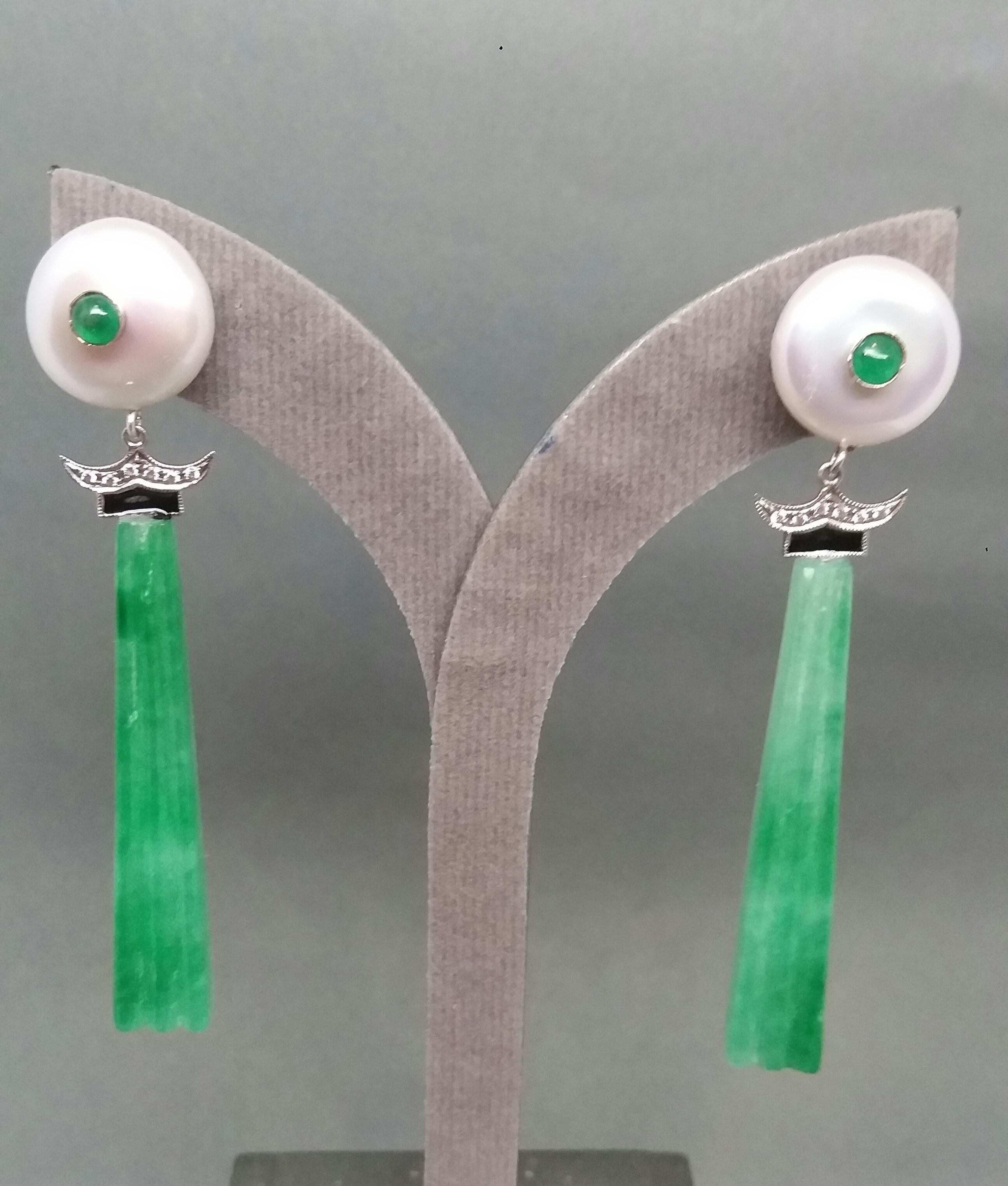 Art Deco Style Baroque Pearls Emeralds Gold Diamonds Enamels Jade Drop Earrings For Sale 2