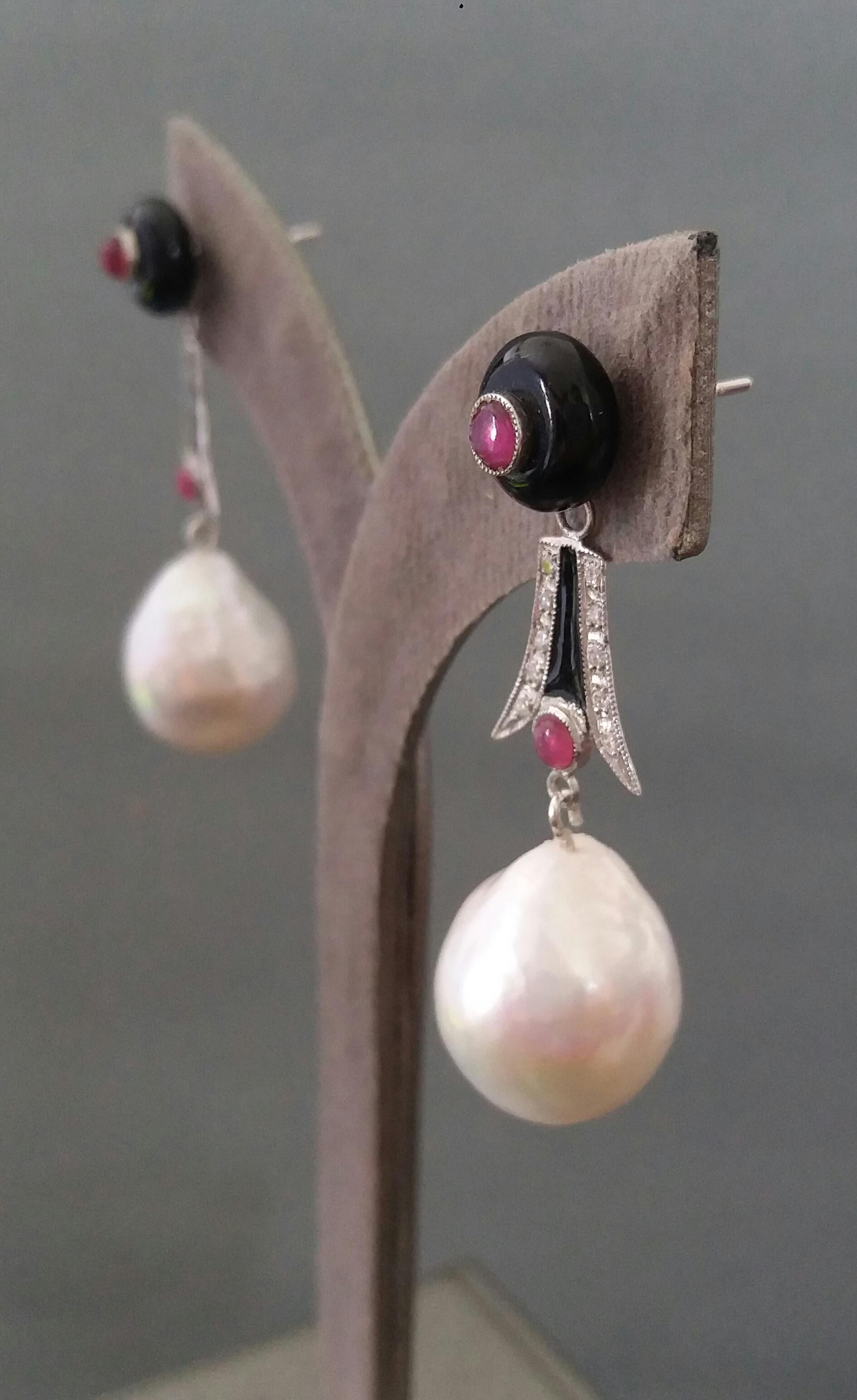 Art Deco Style Baroque Pearls Gold Diamonds Ruby Black Onix Enamel Earrings For Sale 2