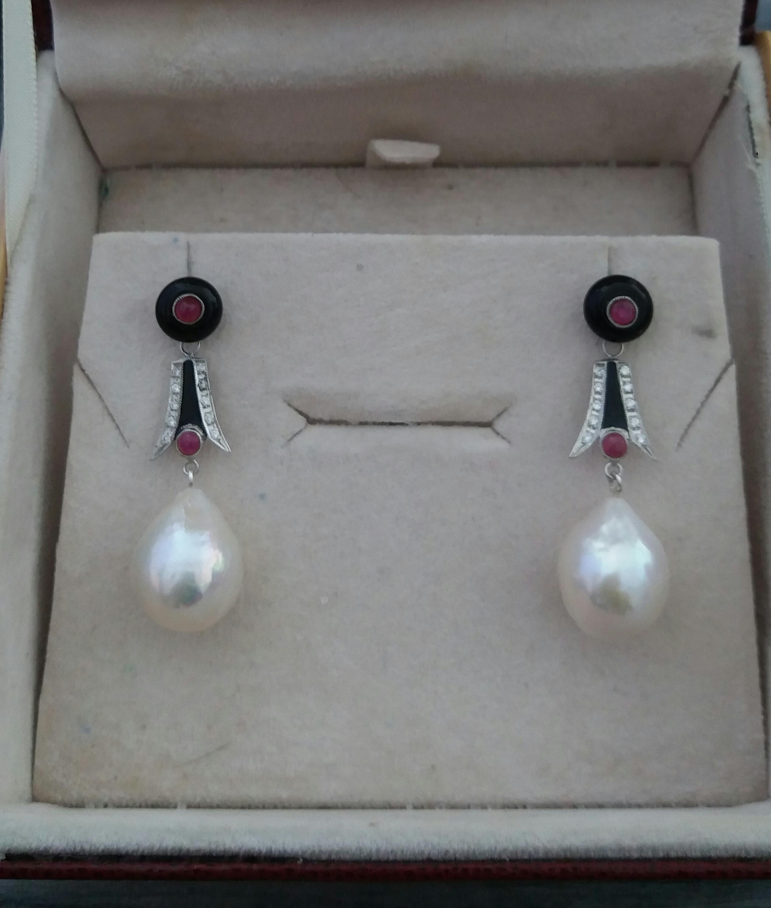 Mixed Cut Art Deco Style Baroque Pearls Gold Diamonds Ruby Black Onix Enamel Earrings For Sale