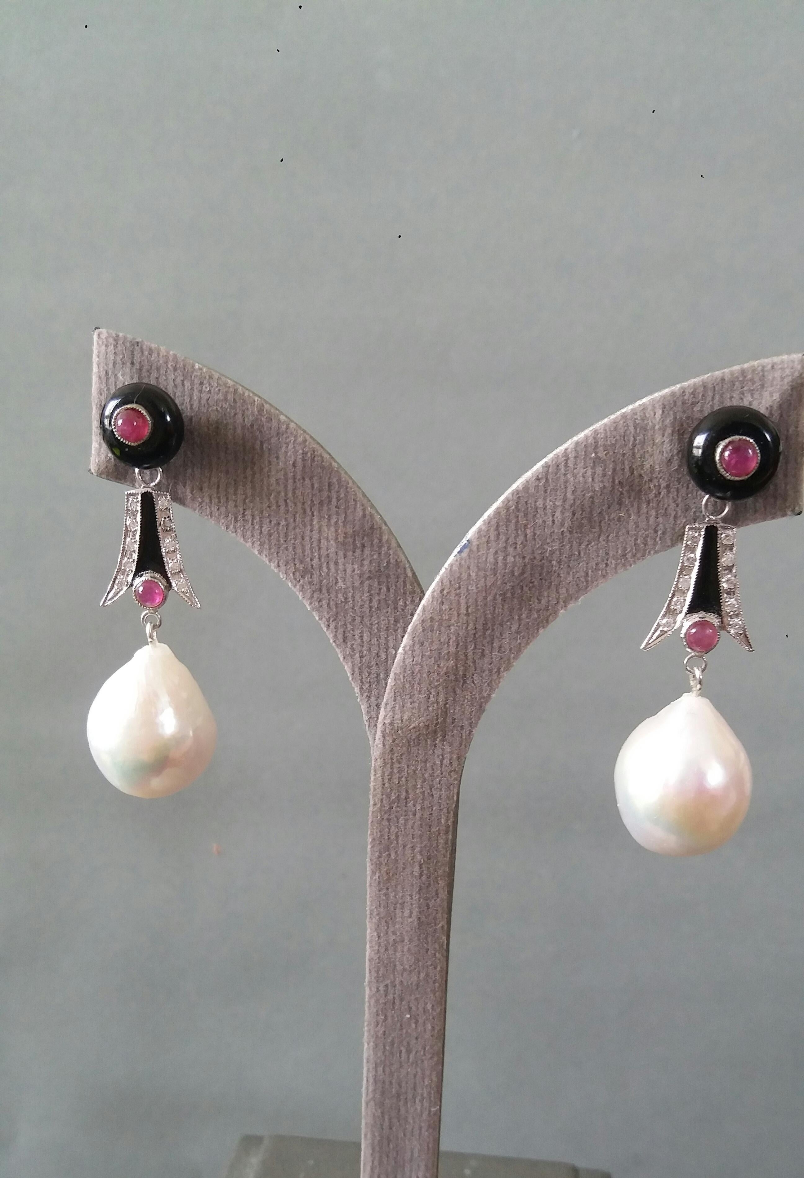 Women's Art Deco Style Baroque Pearls Gold Diamonds Ruby Black Onix Enamel Earrings For Sale