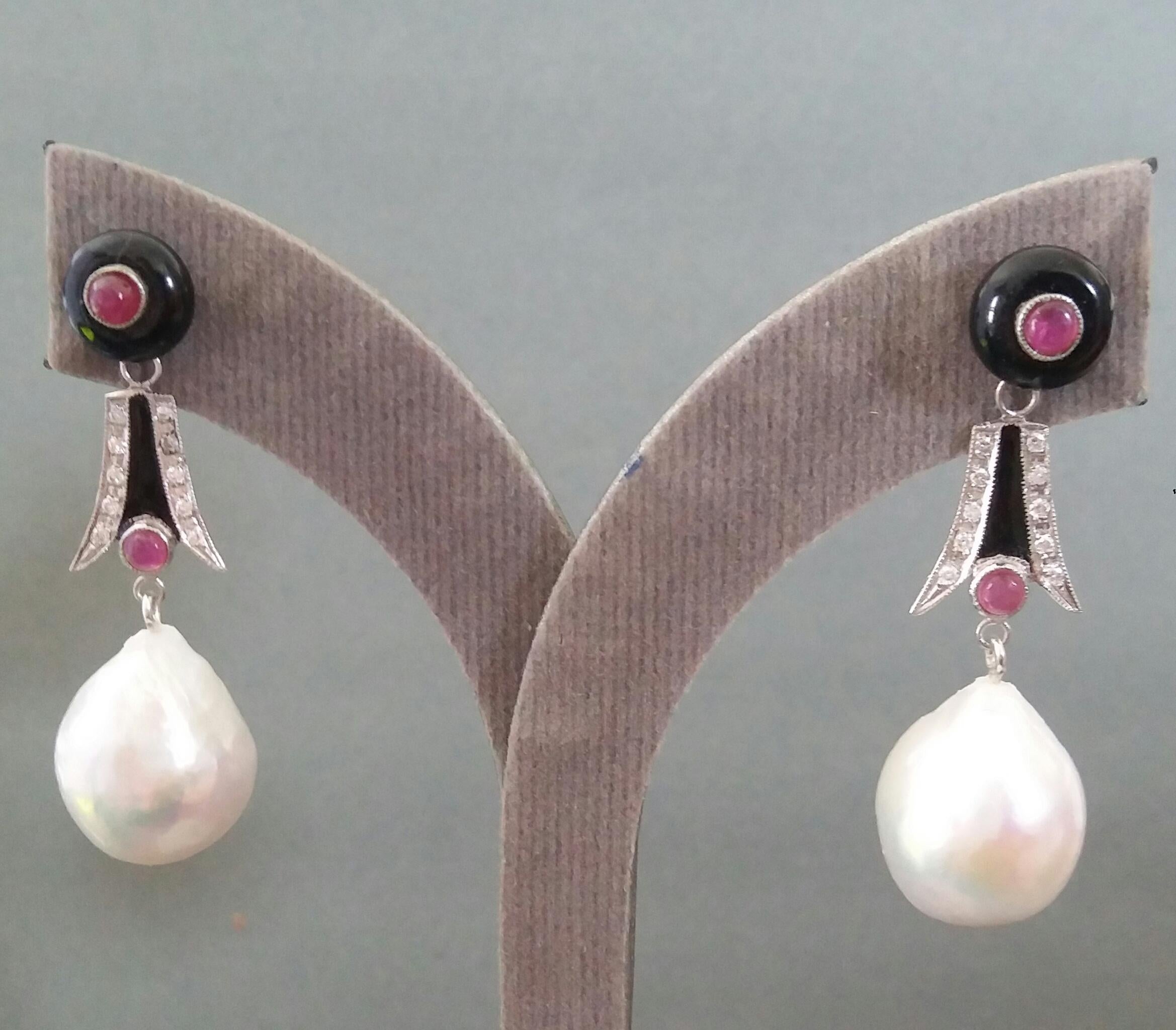 Art Deco Style Baroque Pearls Gold Diamonds Ruby Black Onix Enamel Earrings For Sale 1