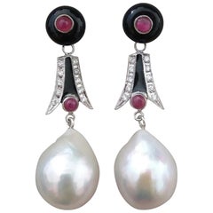 Art Deco Style Baroque Pearls Gold Diamonds Ruby Black Onix Enamel Earrings