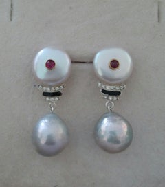 Art Deco Style Baroque Pearls Gold Emeralds Diamonds Enamel Grey Pearls Earrings