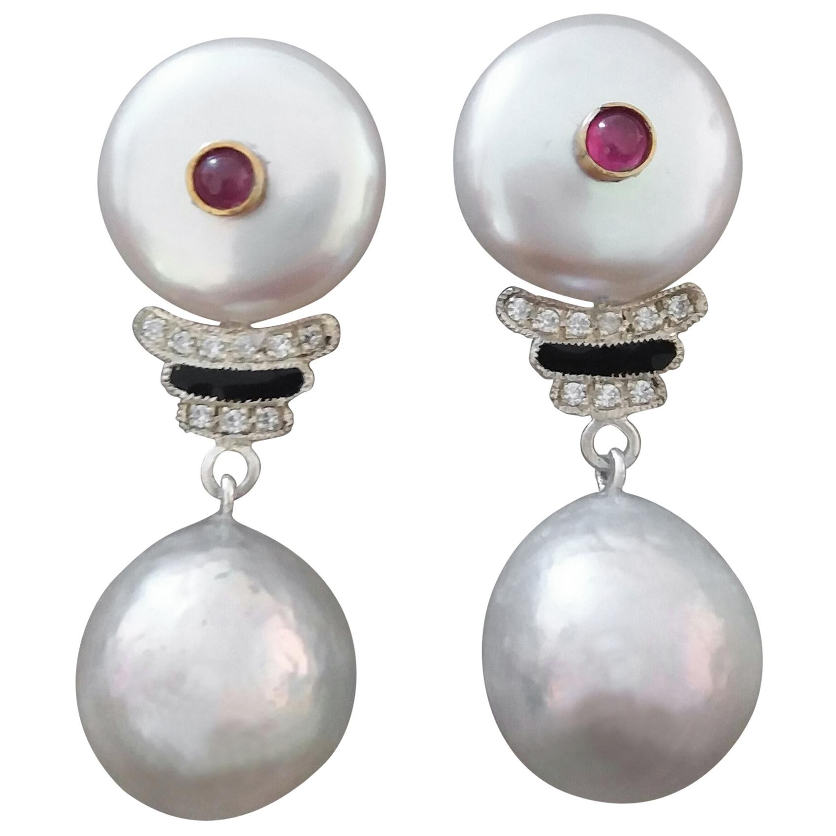 Art Deco Style Baroque Pearls Gold Emeralds Diamonds Enamel Grey Pearls Earrings For Sale
