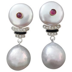 Art Deco Style Baroque Pearls Gold Emeralds Diamonds Enamel Grey Pearls Earrings