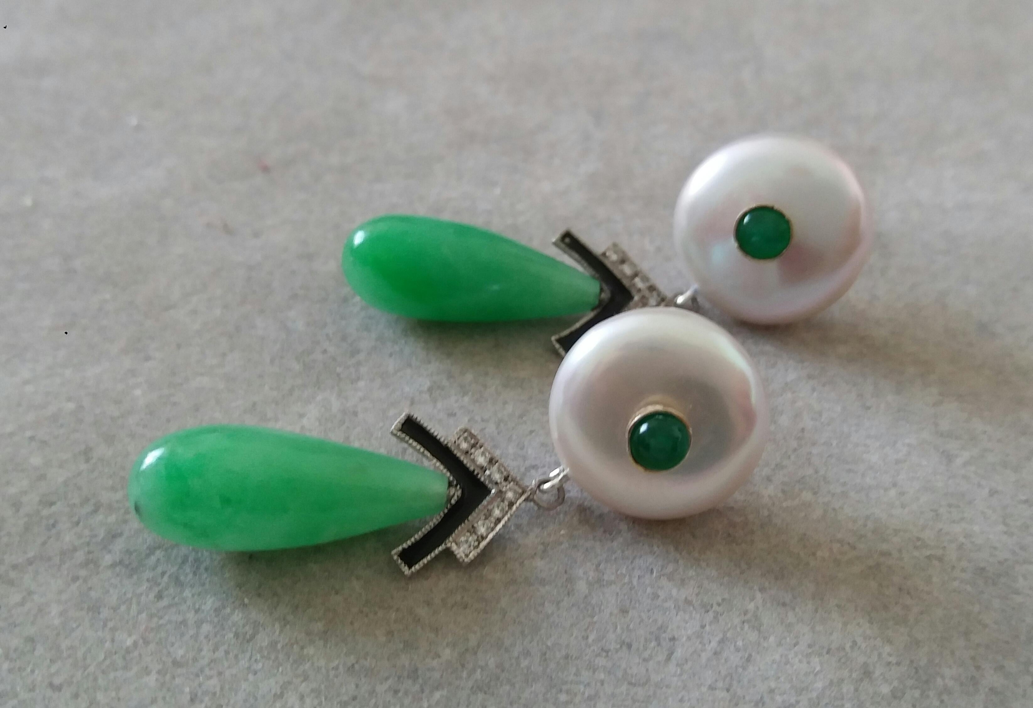 Art Deco Stil Barock Perlen Gold Smaragde Diamanten Emaille Jade Tropfen-Ohrringe Damen im Angebot