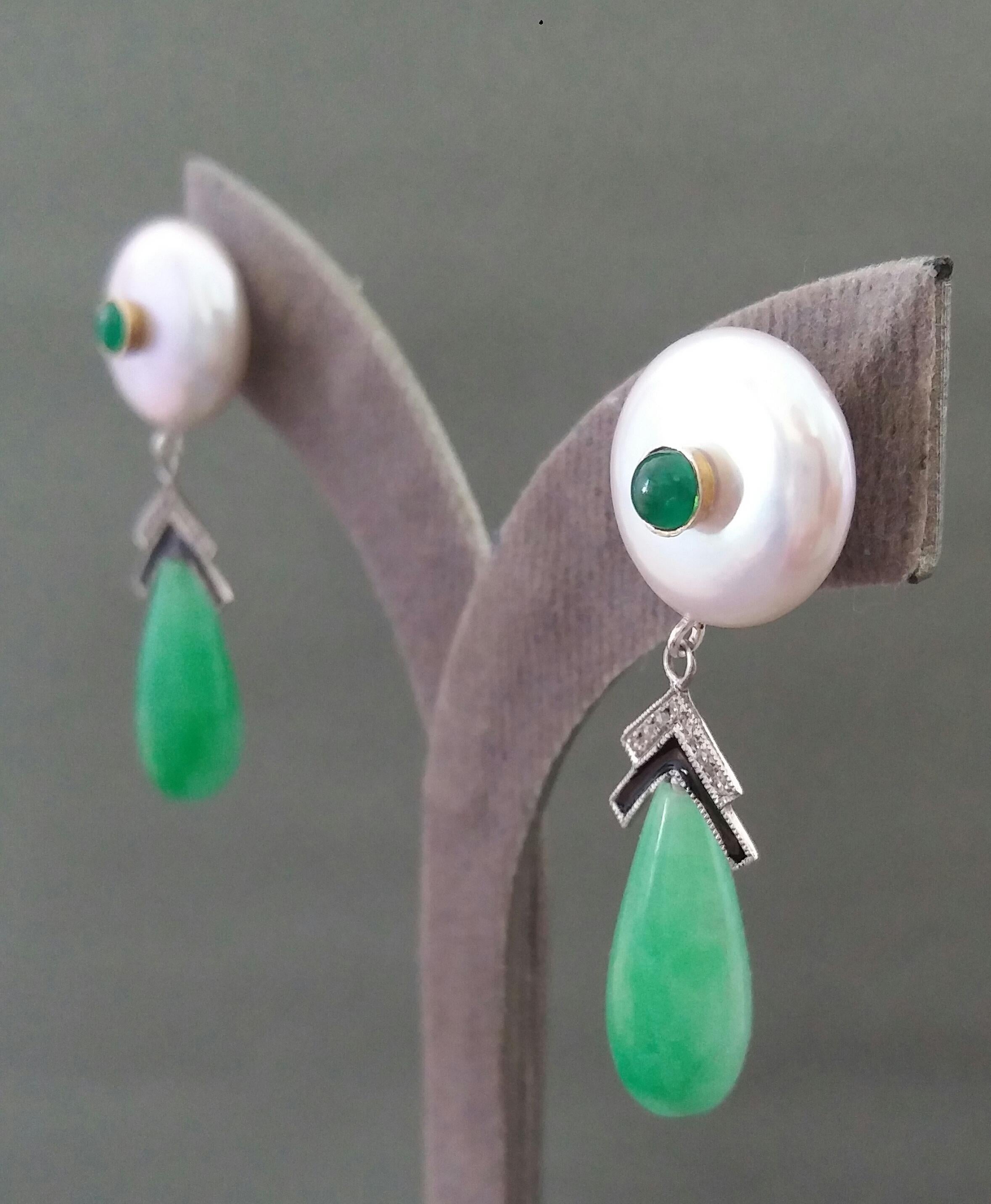 Art Deco Style Baroque Pearls Gold Emeralds Diamonds Enamel Jade Drops Earrings For Sale 3