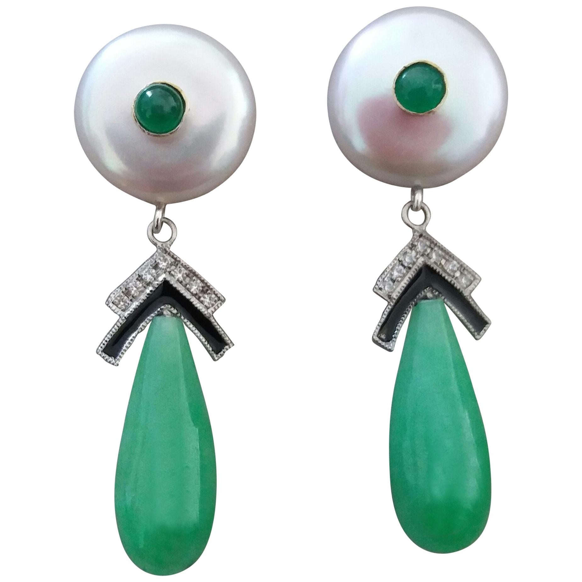 Art Deco Style Baroque Pearls Gold Emeralds Diamonds Enamel Jade Drops Earrings For Sale