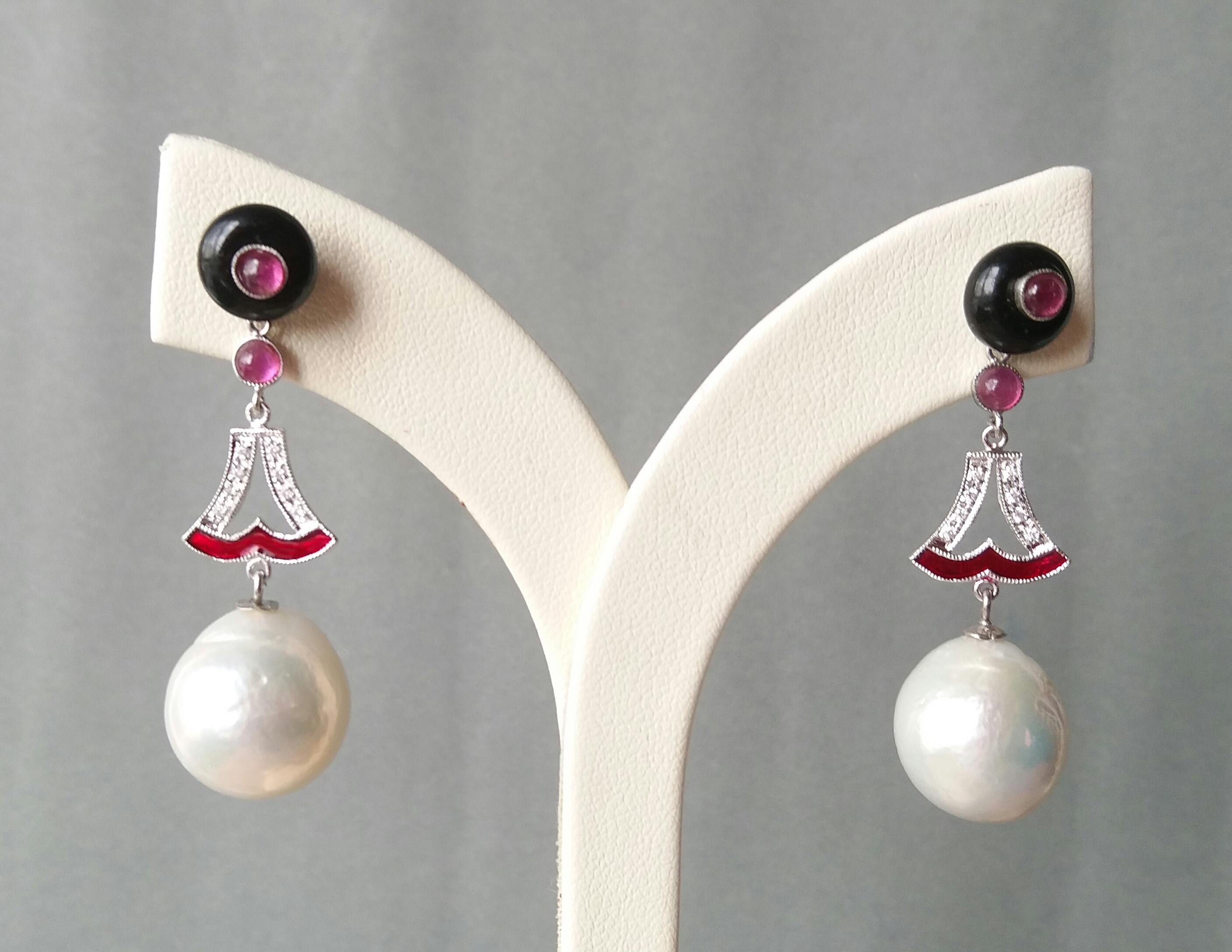 Mixed Cut Art Deco Style Baroque Pearls Ruby Black Onix Gold Diamonds Red Enamel Earrings For Sale