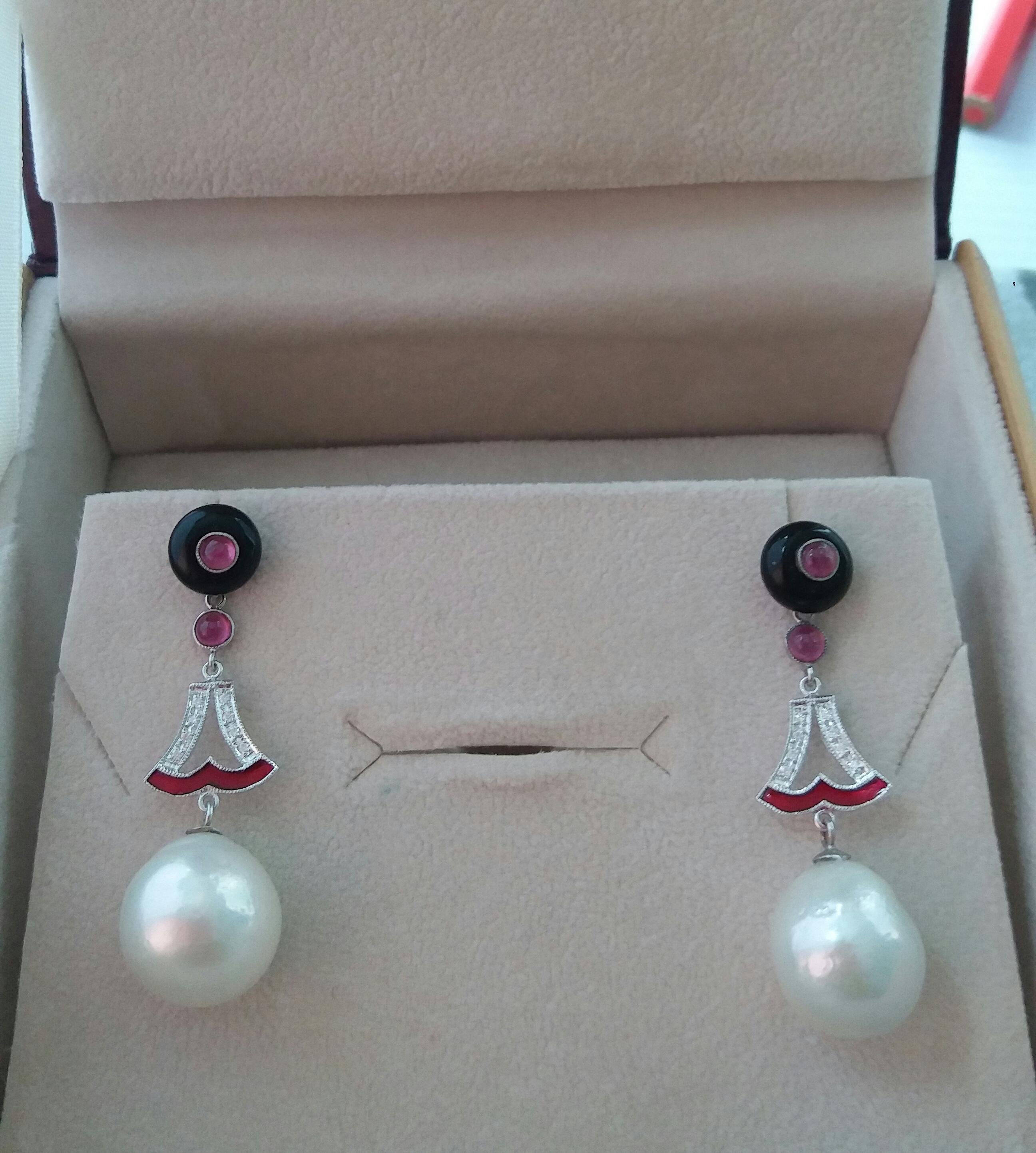Mixed Cut Art Deco Style Baroque Pearls Ruby Black Onix Gold Diamonds Red Enamel Earrings