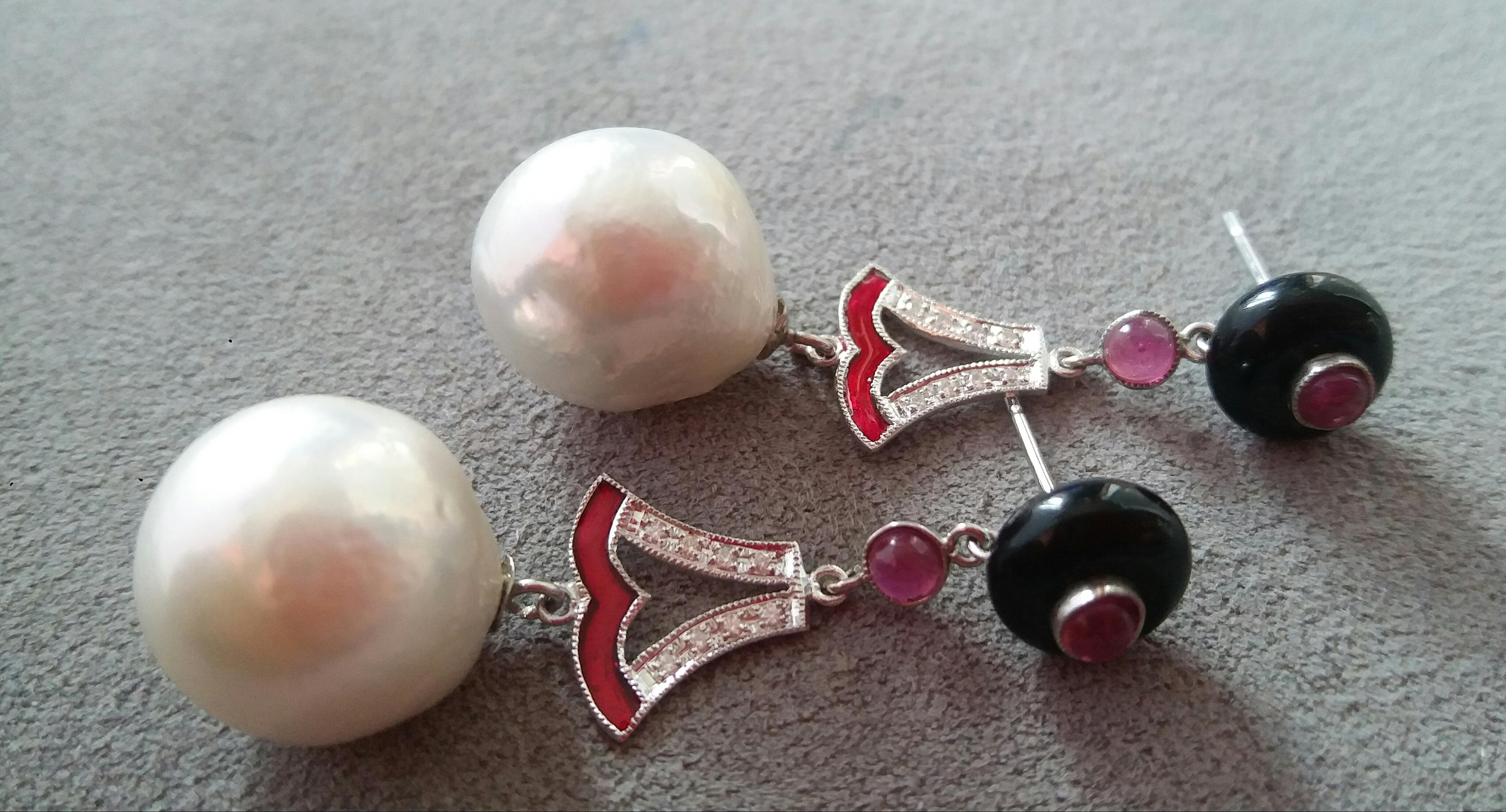 Women's Art Deco Style Baroque Pearls Ruby Black Onix Gold Diamonds Red Enamel Earrings For Sale