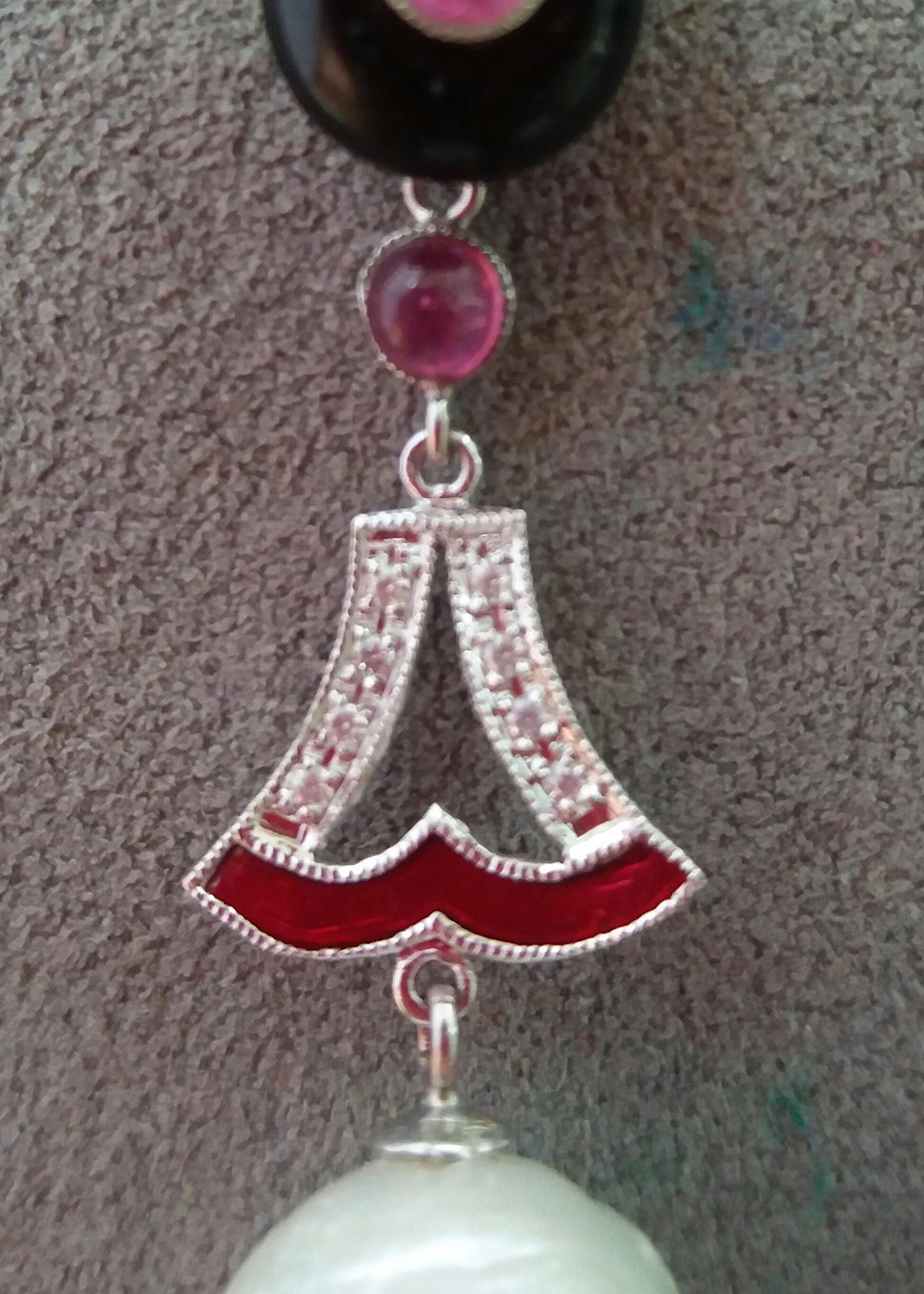 Women's Art Deco Style Baroque Pearls Ruby Black Onix Gold Diamonds Red Enamel Earrings