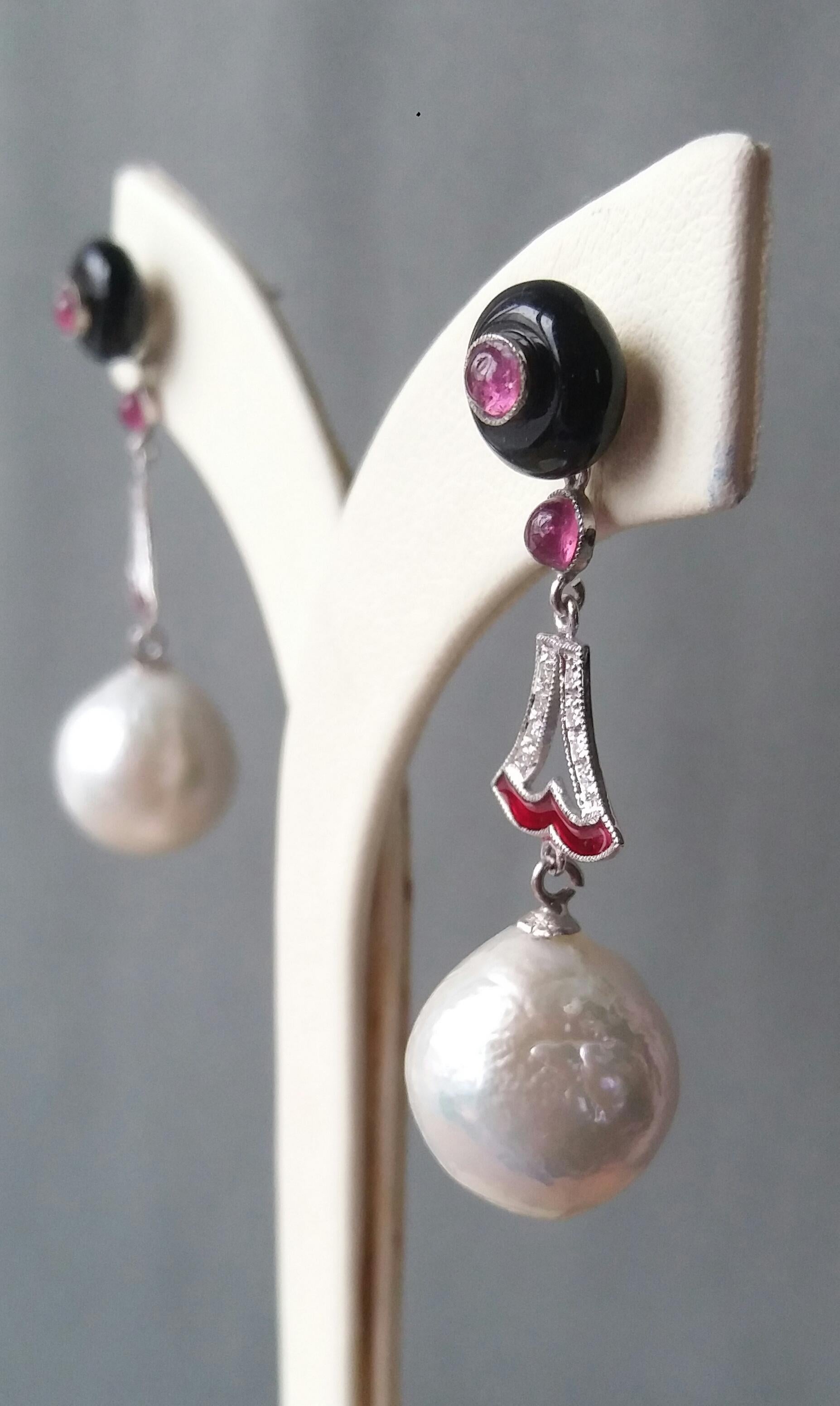 Art Deco Style Baroque Pearls Ruby Black Onix Gold Diamonds Red Enamel Earrings For Sale 2