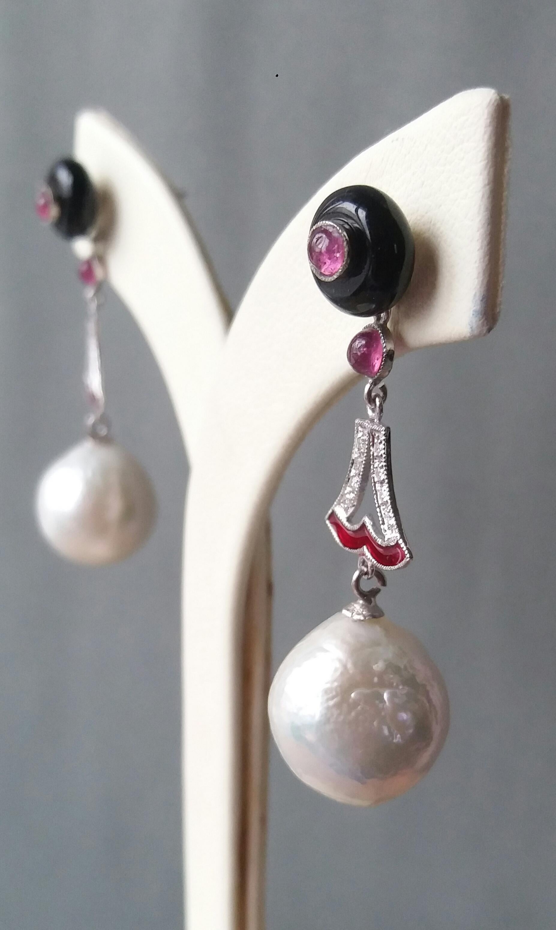 Art Deco Style Baroque Pearls Ruby Black Onix Gold Diamonds Red Enamel Earrings 1