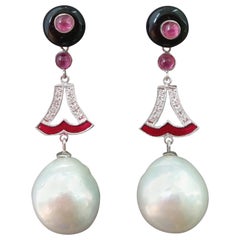 Art Deco Style Baroque Pearls Ruby Black Onix Gold Diamonds Red Enamel Earrings
