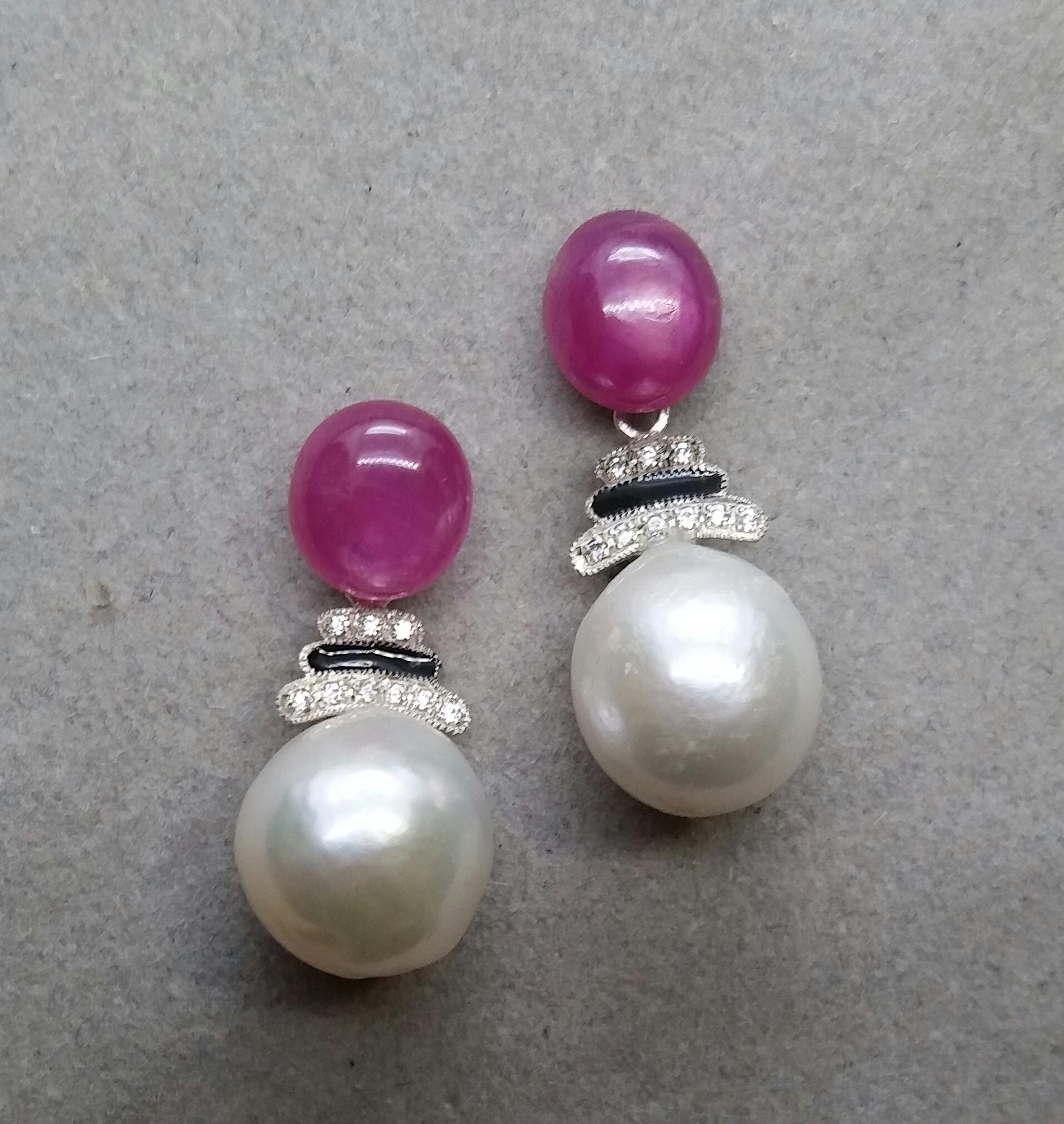 Mixed Cut Art Deco Style Baroque Pearls Ruby Cab 14 Kt Gold Diamonds Black Enamel Earrings For Sale