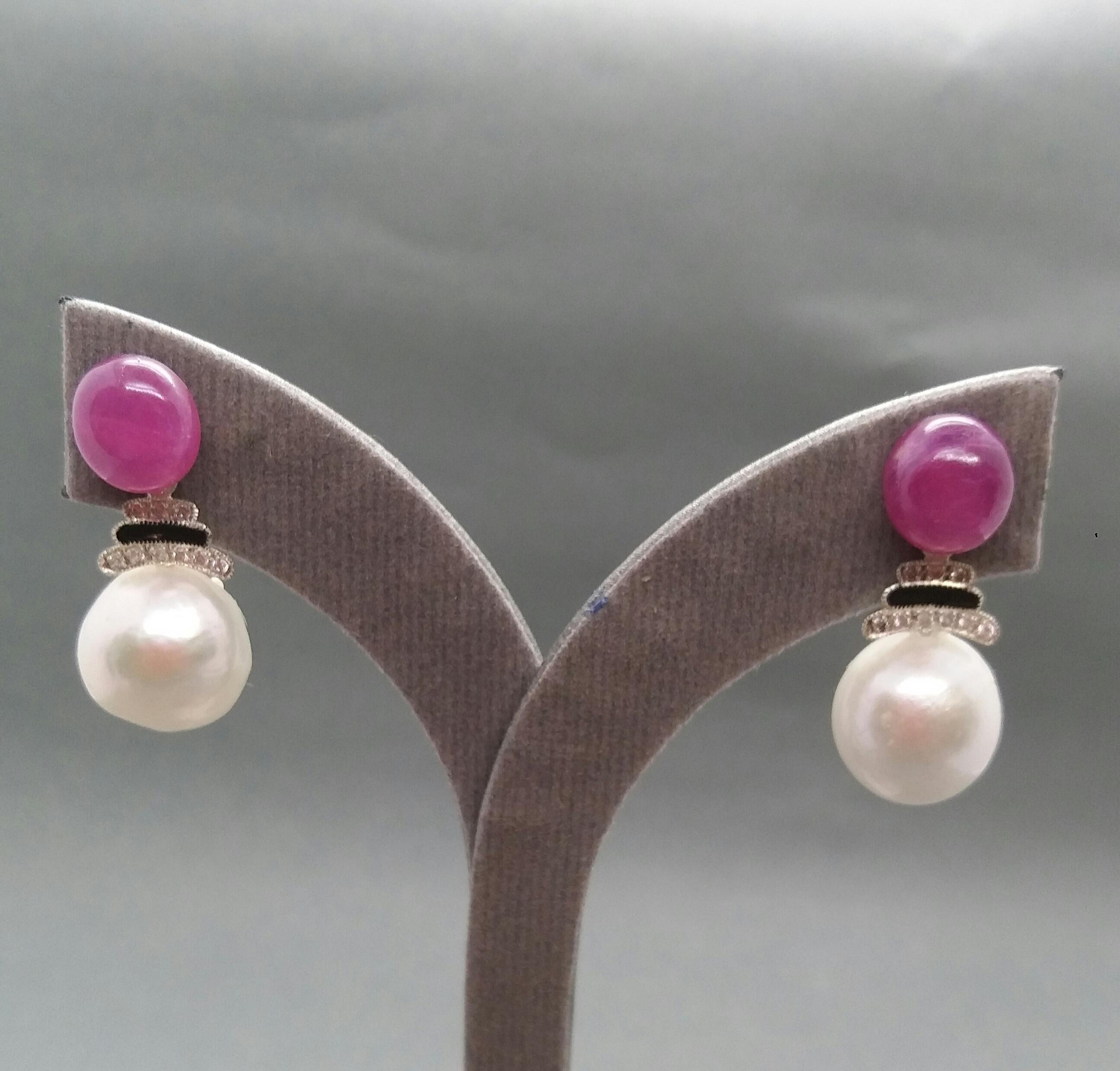 Art Deco Style Baroque Pearls Ruby Cab 14 Kt Gold Diamonds Black Enamel Earrings 2