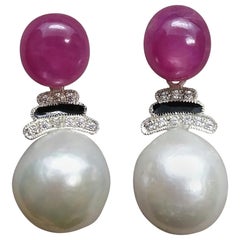 Art Deco Style Baroque Pearls Ruby Cab 14 Kt Gold Diamonds Black Enamel Earrings