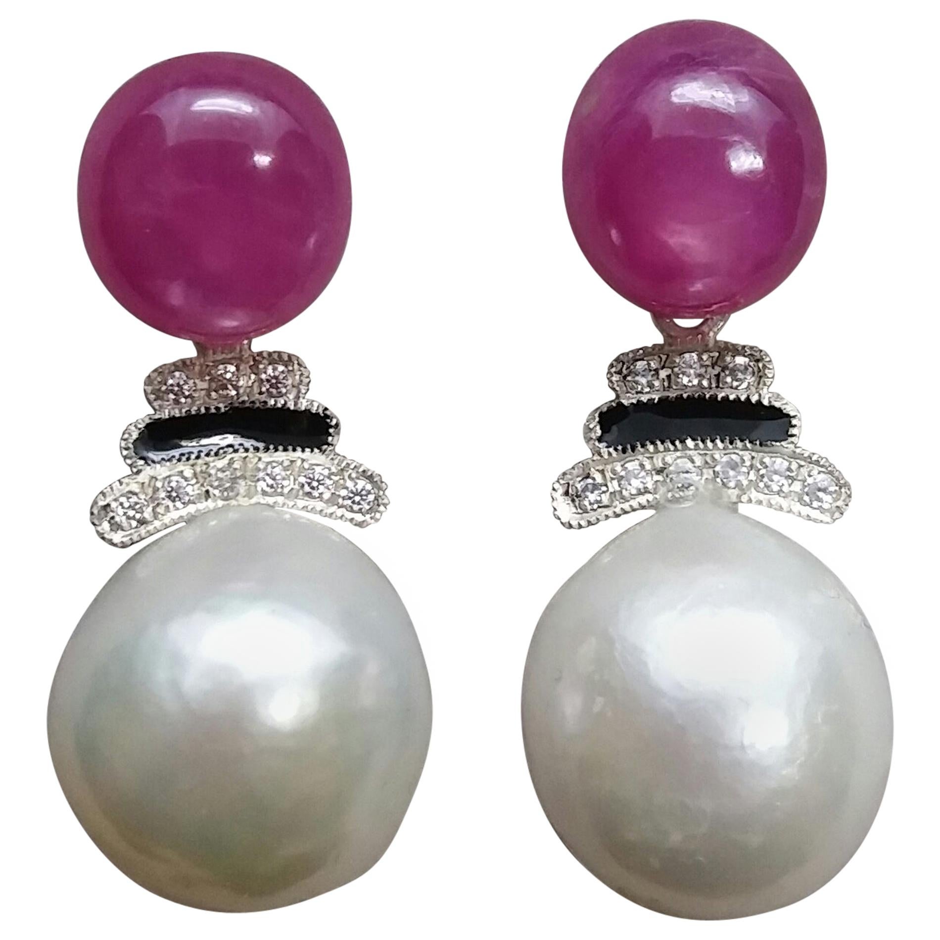 Art Deco Style Baroque Pearls Ruby Cab 14 Kt Gold Diamonds Black Enamel Earrings For Sale