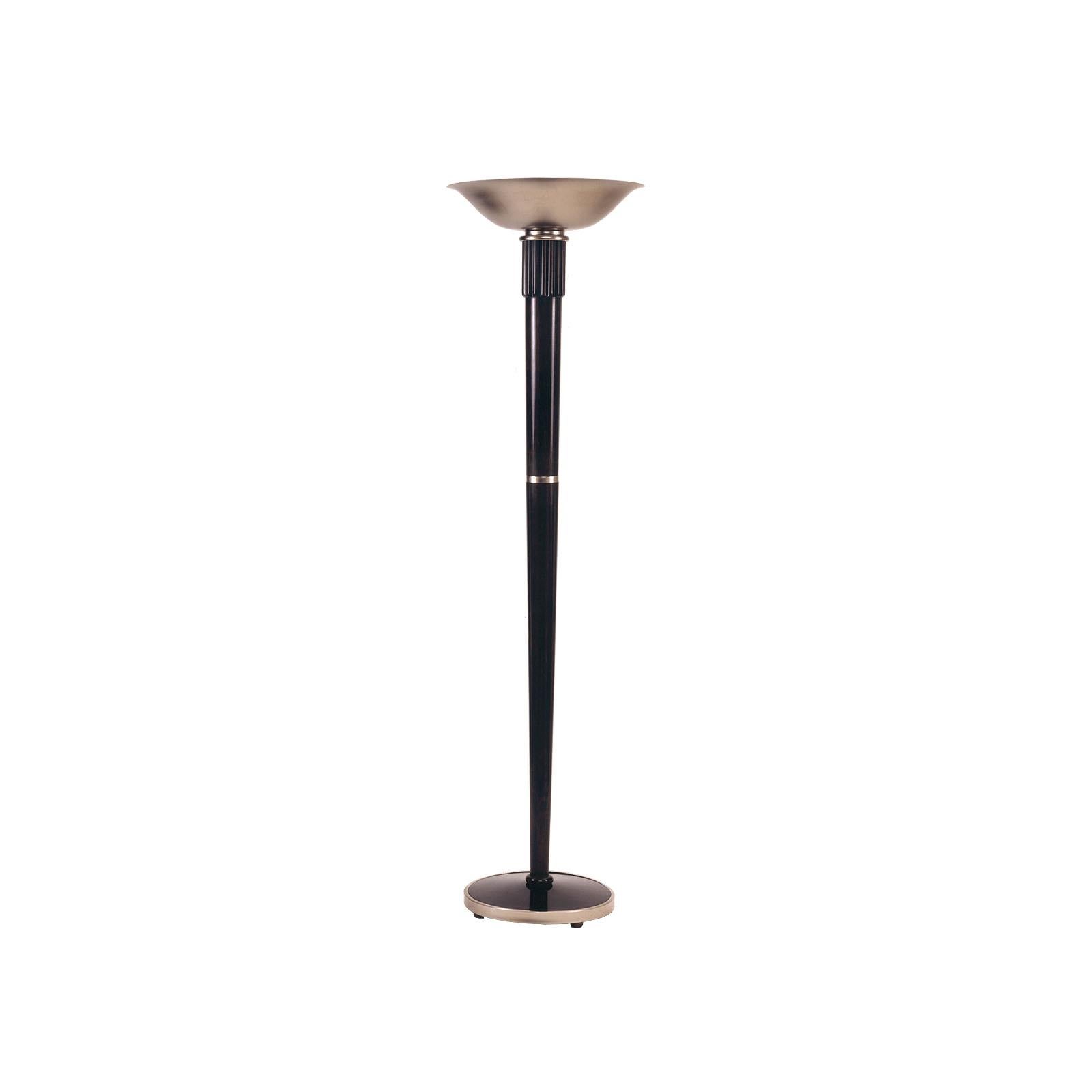 Very elegant floor-lamp with a wooden stem and a brass shade. The wood can be stained in any color, the brass- part can have as well different surfaces.

 Most components according to the UL regulations, with an additional charge we will UL-list and