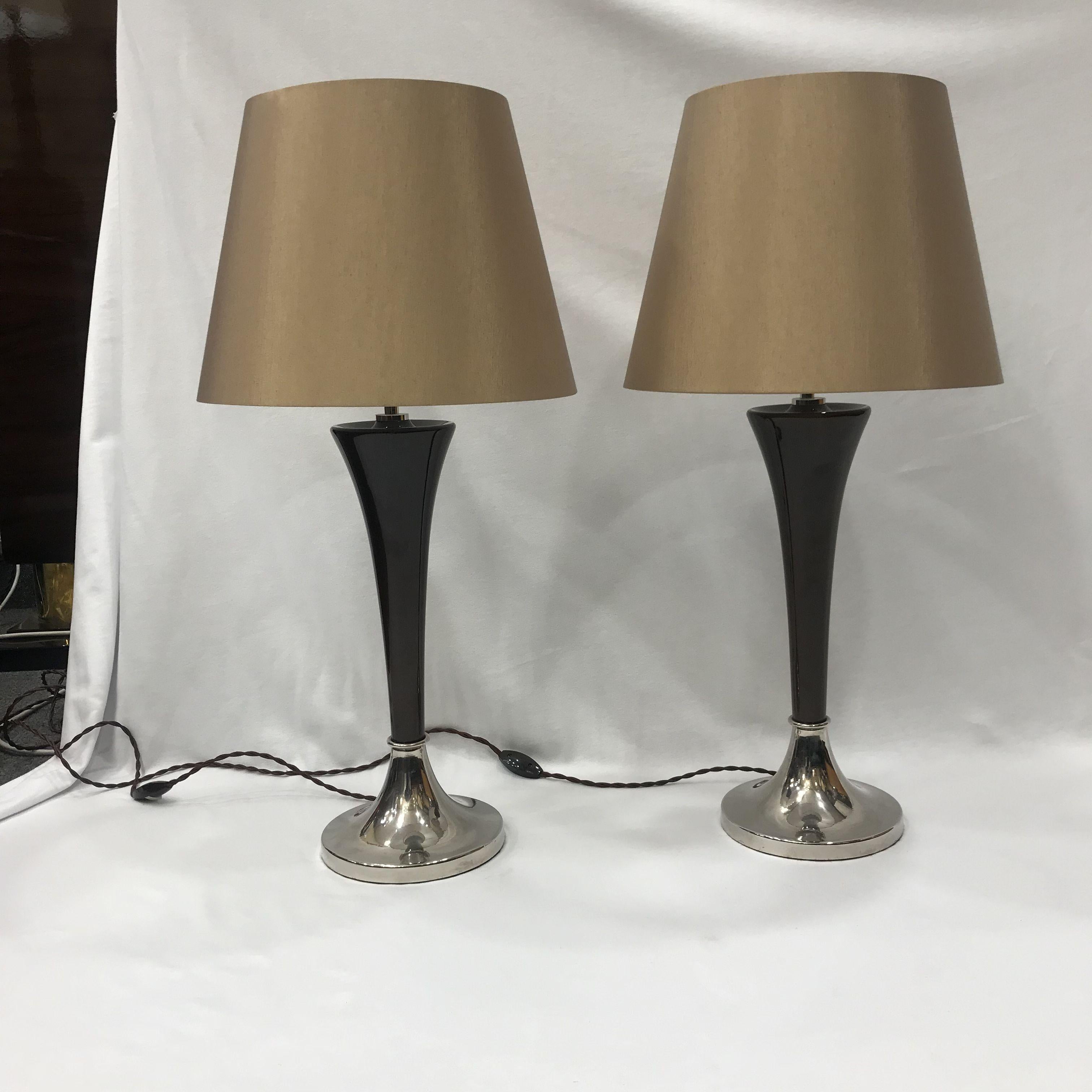 Art Deco Style Beechwood Table Lamps with Nickel-Plated Base For Sale 2