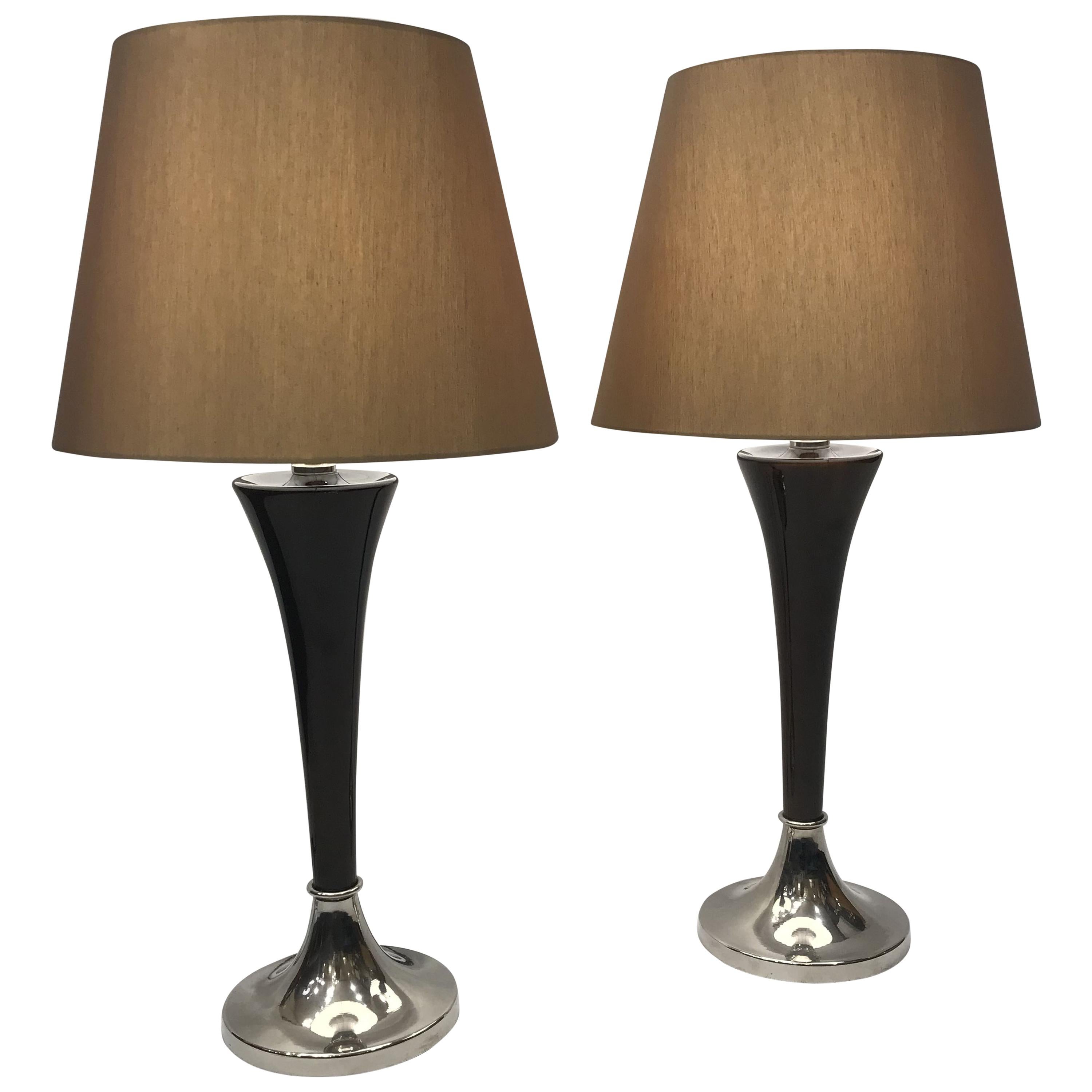Art Deco Style Beechwood Table Lamps with Nickel-Plated Base For Sale