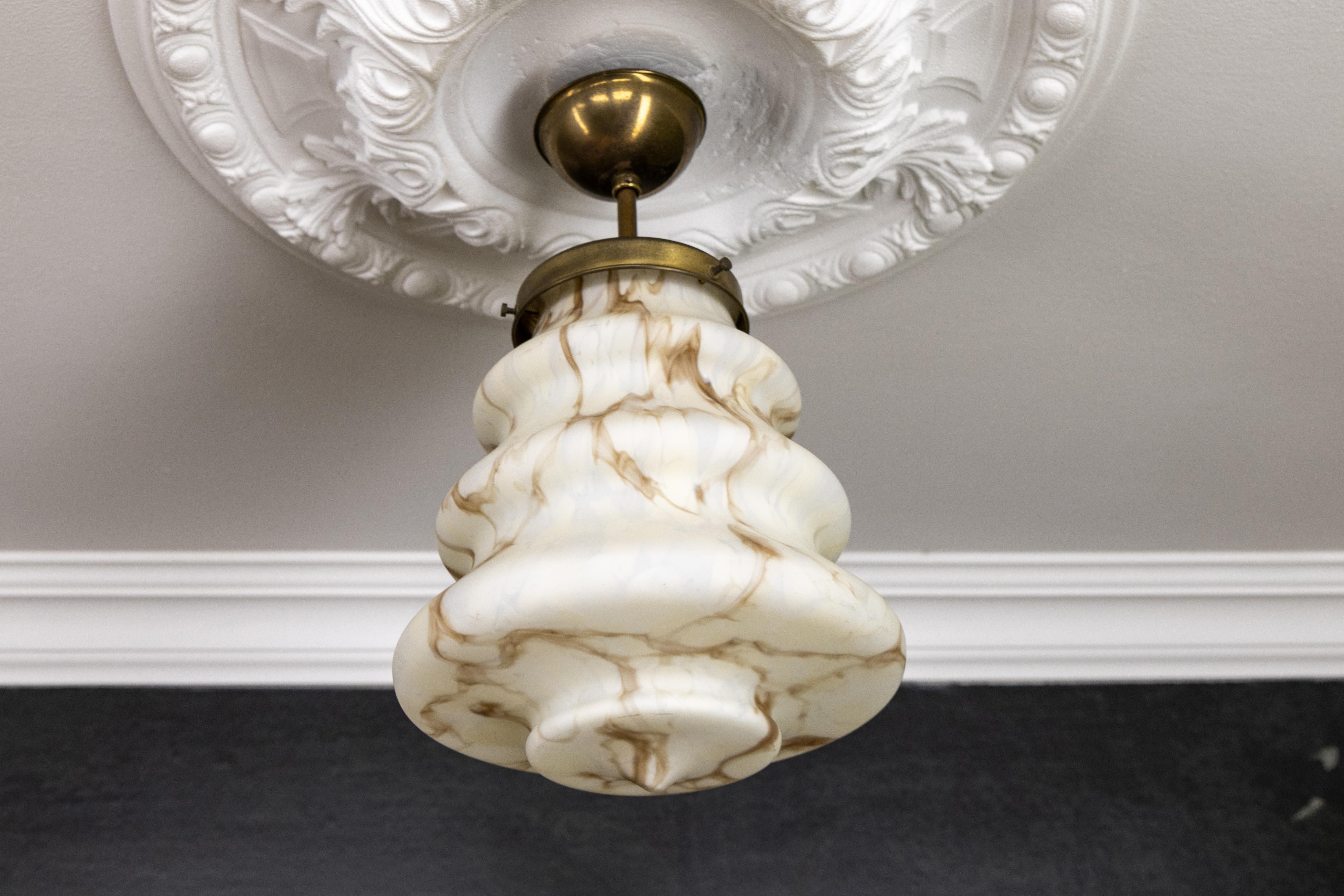 Art Deco Style Beige and Brown Marbled Glass Pendant Light, Germany, 1950s 5