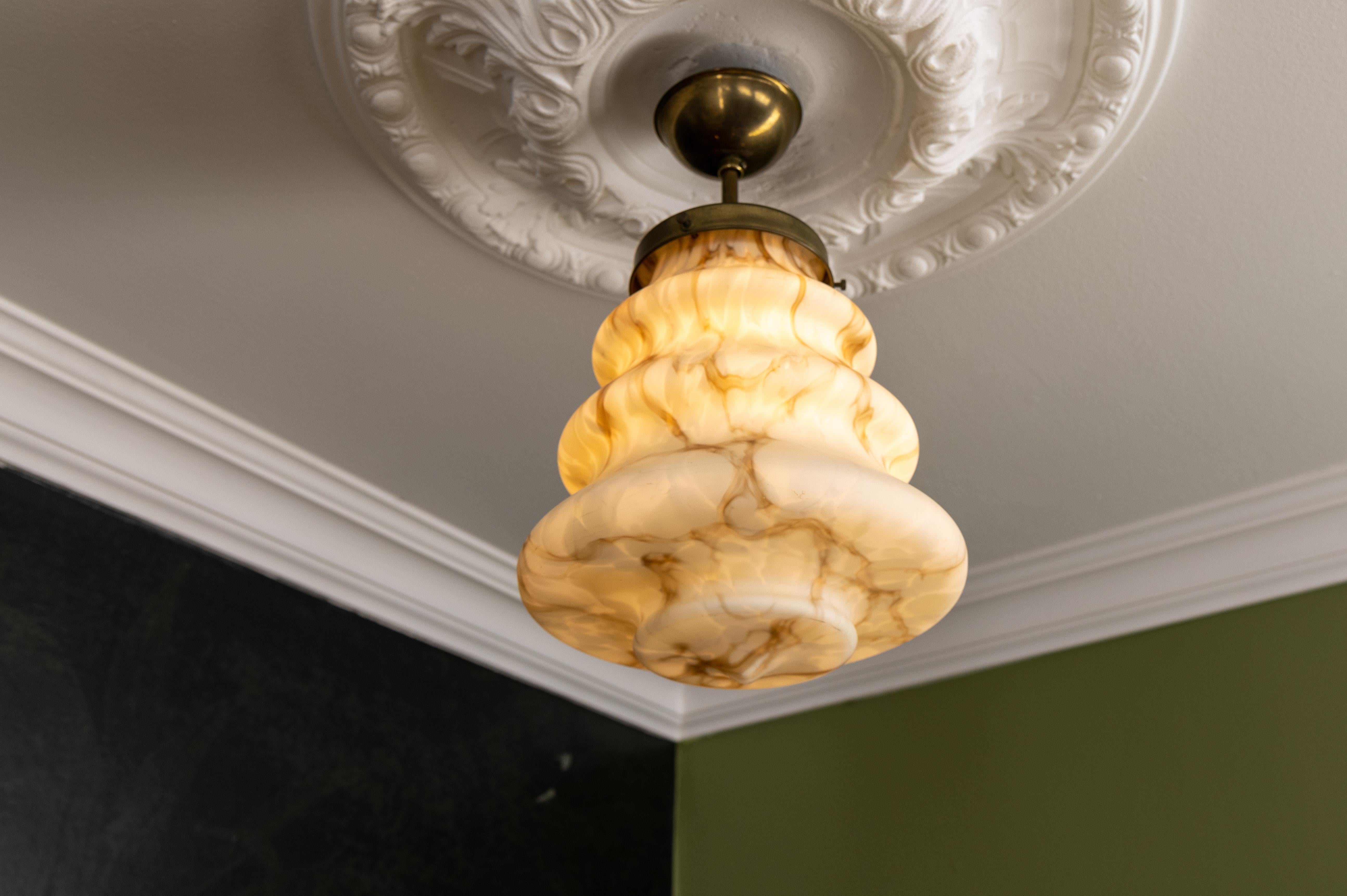 Mid-20th Century Art Deco Style Beige and Brown Marbled Glass Pendant Light, Germany, 1950s