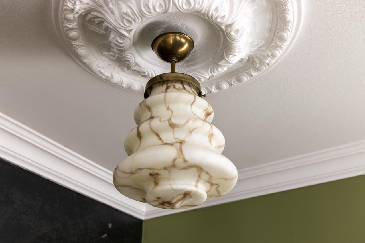 Metal Art Deco Style Beige and Brown Marbled Glass Pendant Light, Germany, 1950s