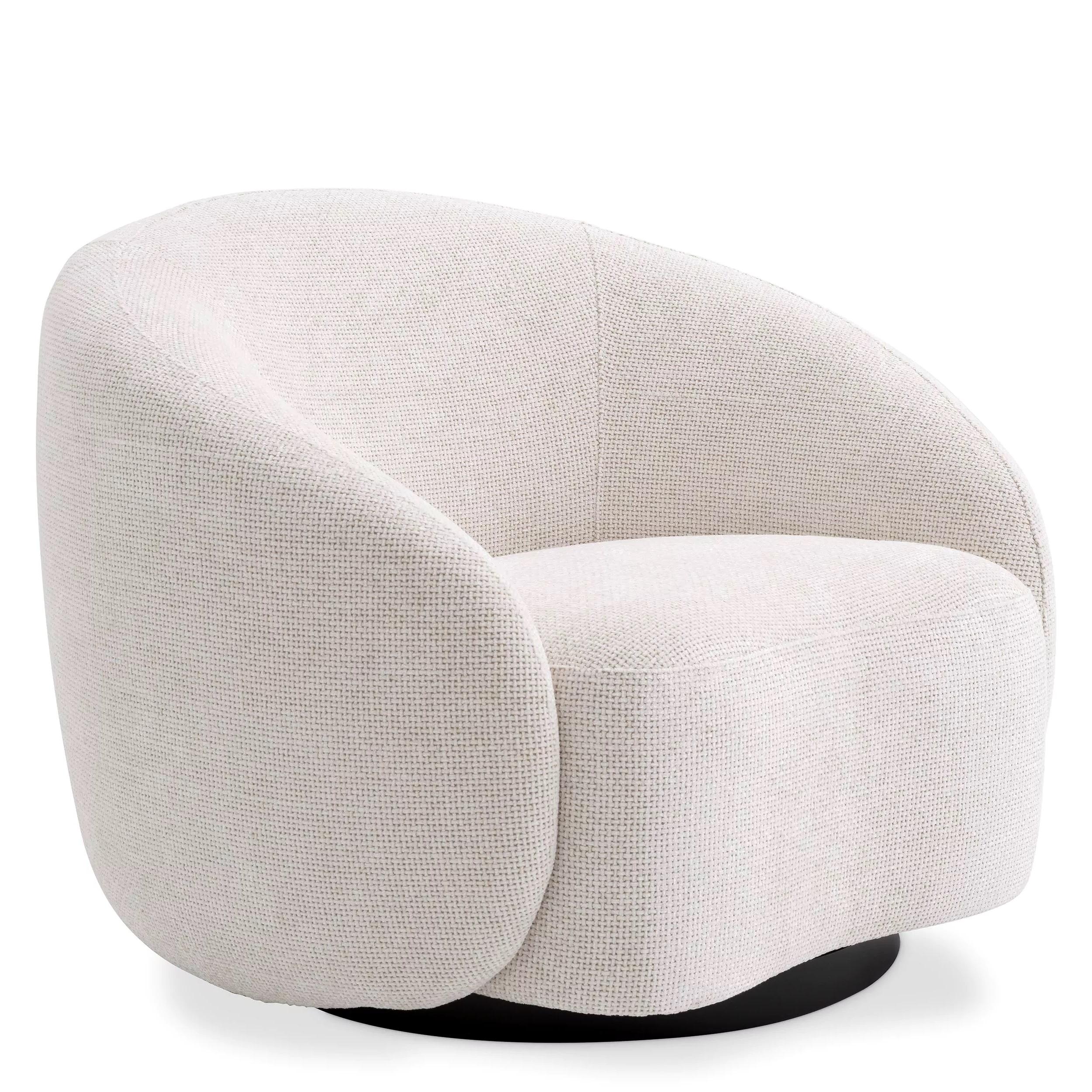 Mid-Century Modern Art Deco Style Beige Bouclé Fabric and Brass Base Swivel and Curved Armchair For Sale