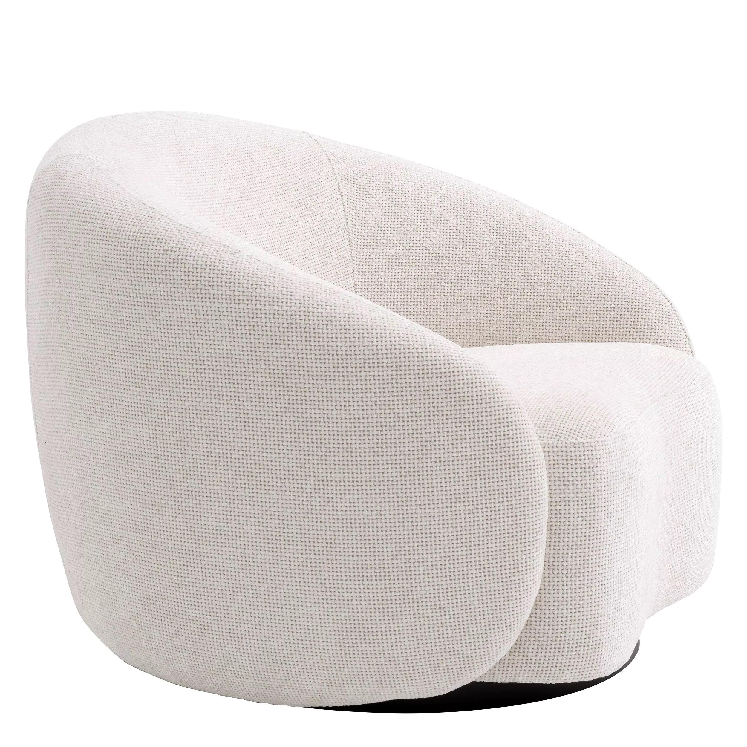 Contemporary Art Deco Style Beige Bouclé Fabric and Brass Base Swivel and Curved Armchair For Sale