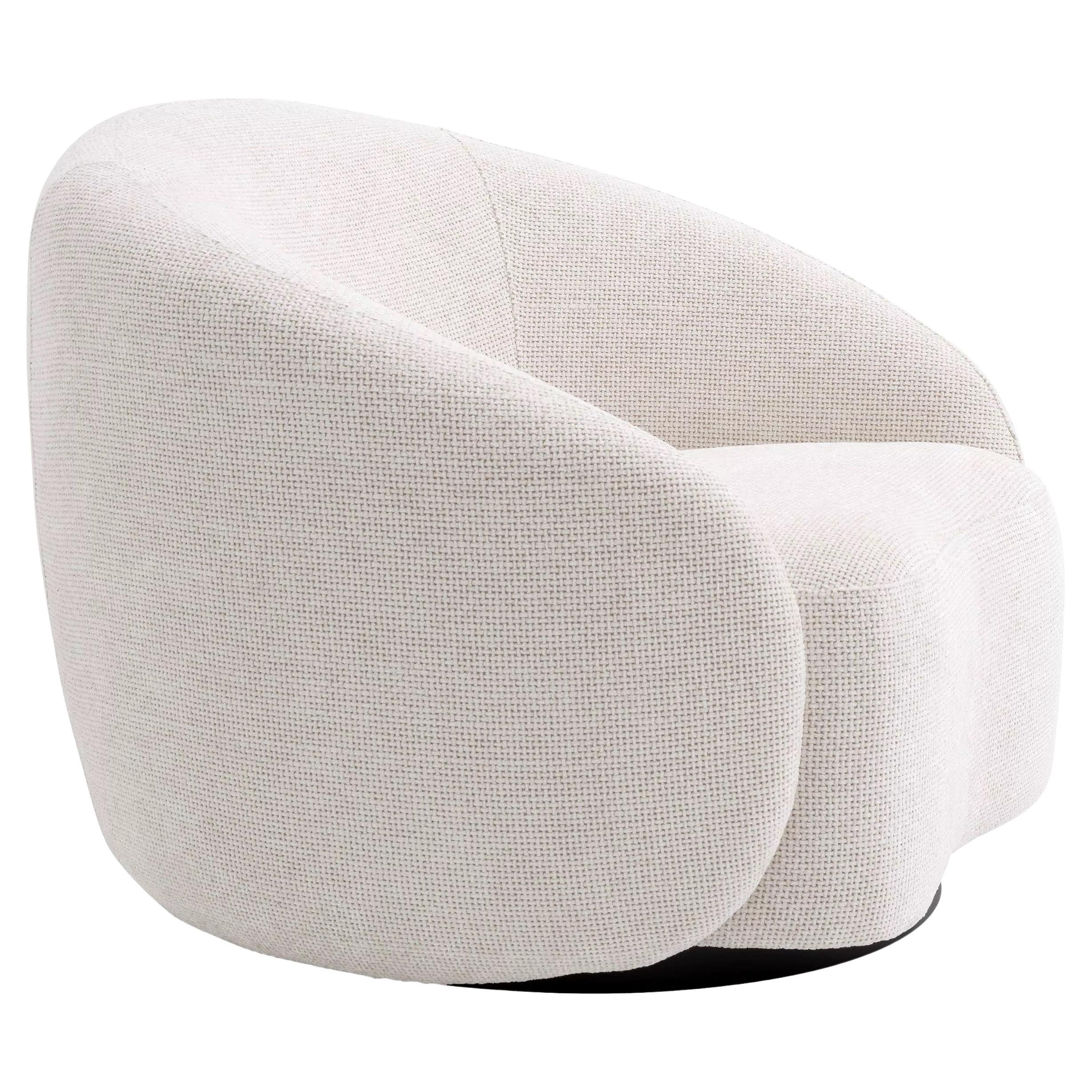Art Deco Style Beige Bouclé Fabric and Brass Base Swivel and Curved Armchair
