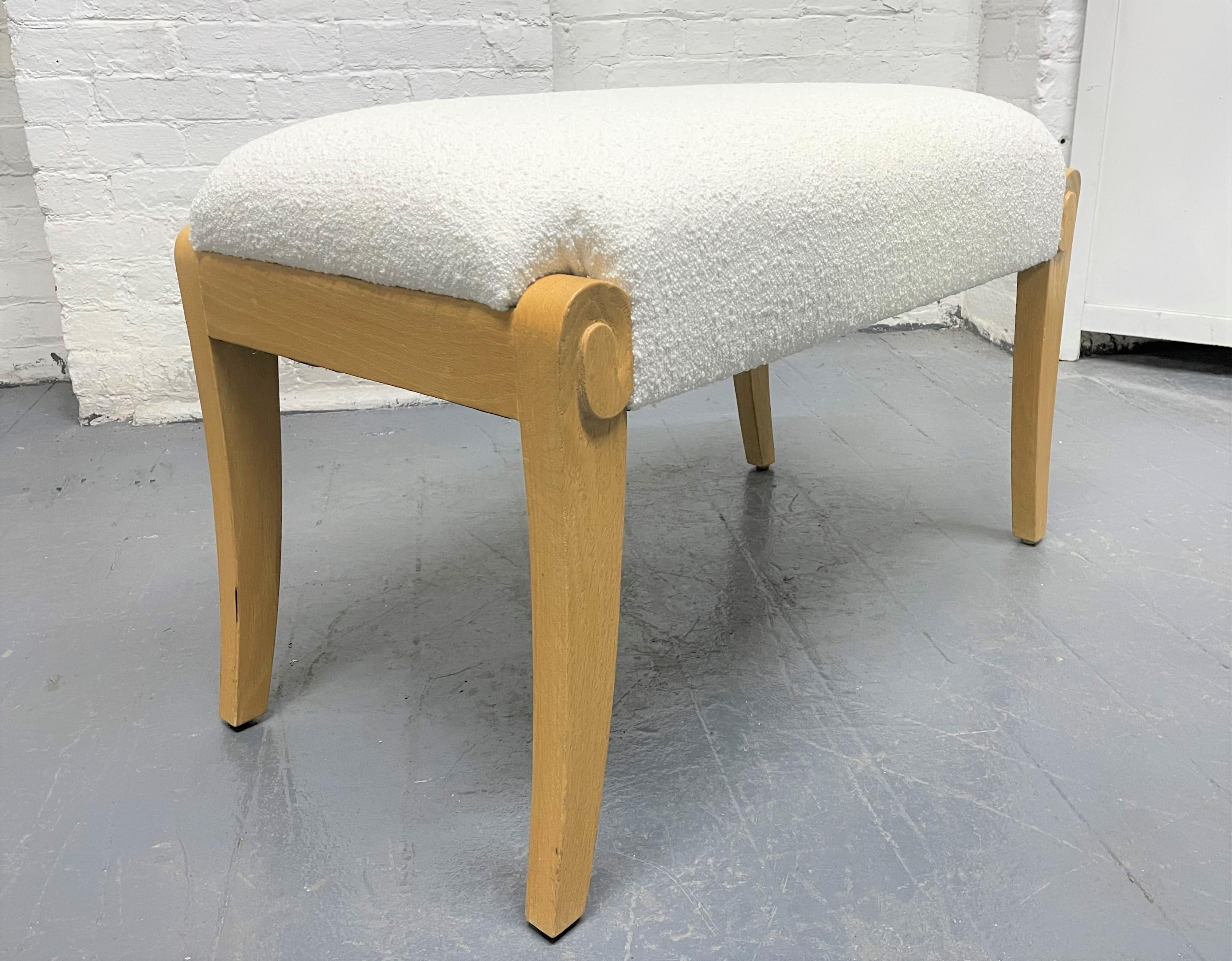 Art Deco style bench by Sally Sirkin Lewis for J. Robert Scott. The bench has a wood frame with an upholstered seat done in boucle.