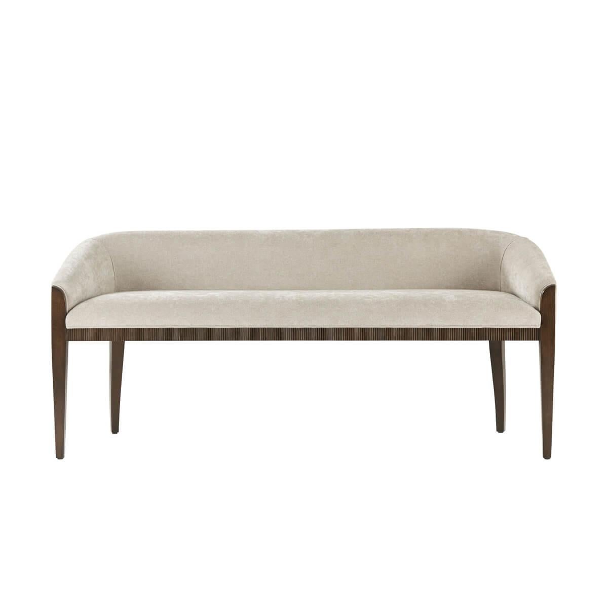 Art Deco Style Bench, a bold statement with a handsome tight back design featuring curved corners set upon a reeded carved frame and tapered legs.
Dimensions: 55