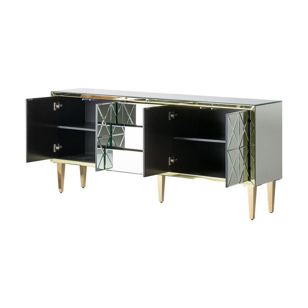 Contemporary Art Deco Style Beveled Mirrored and Brass Sideboard