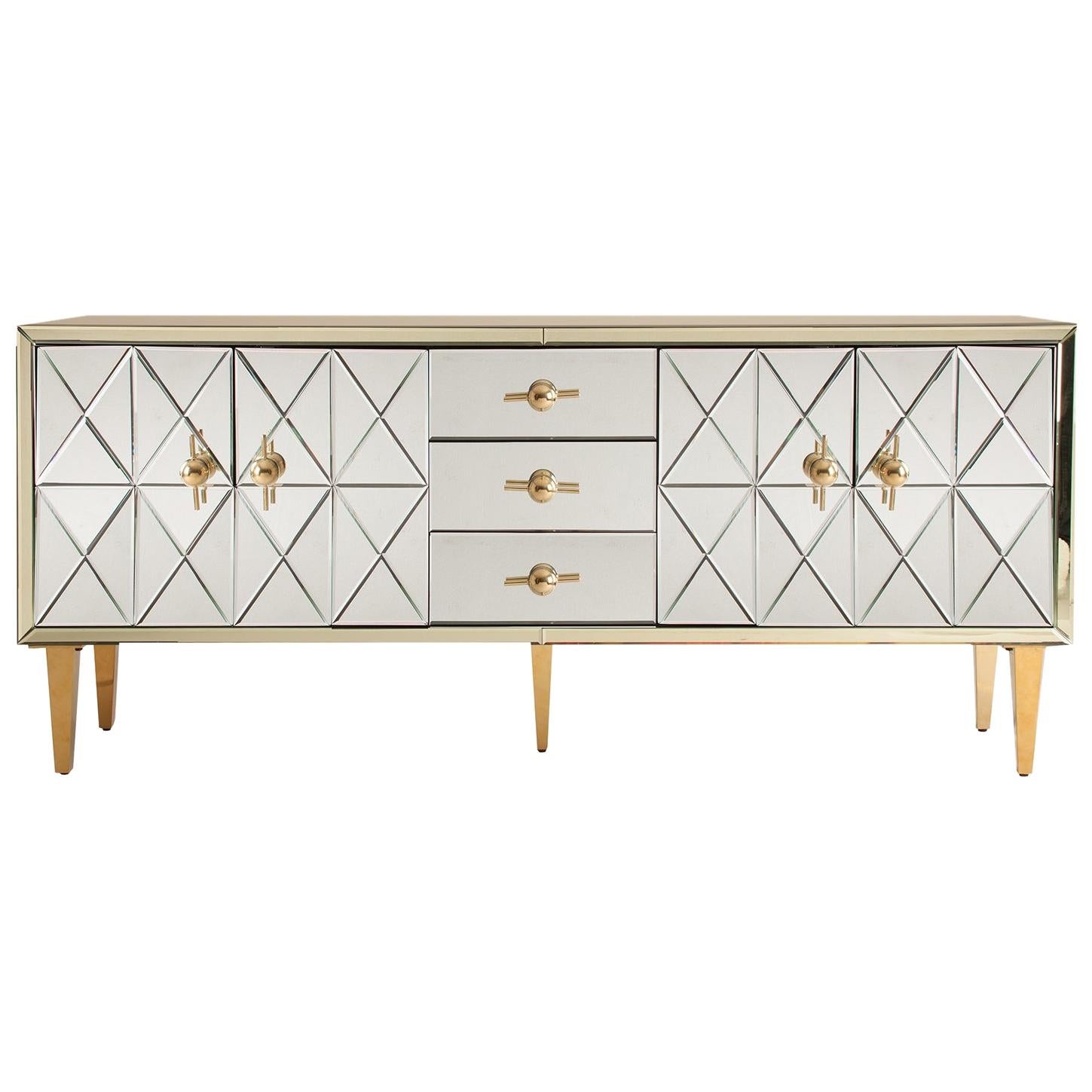 Art Deco Style Beveled Mirrored and Brass Sideboard