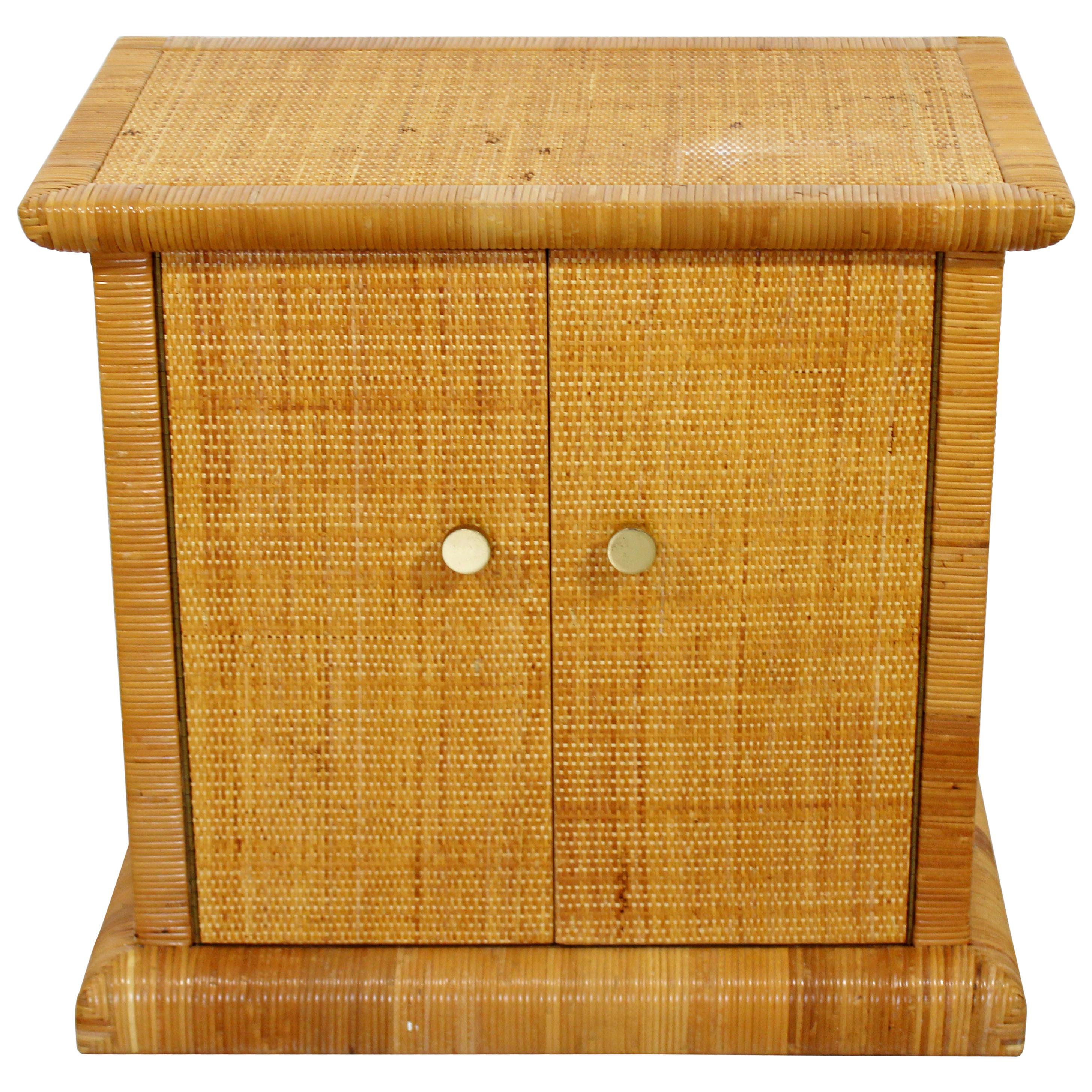 Art Deco Style Bielecky Bros Cane Rattan and Brass Cabinet Side End Table, 1990s