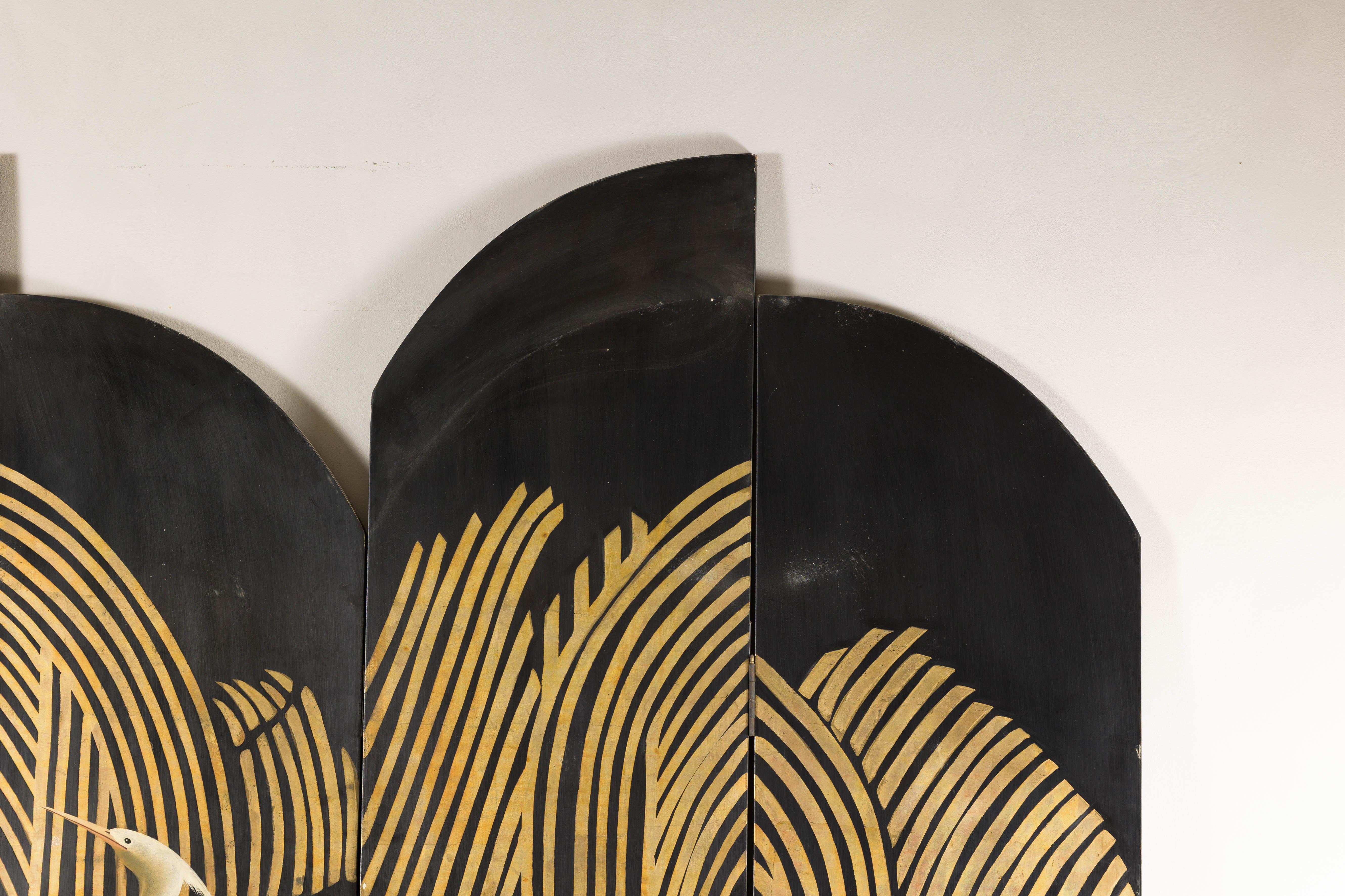Art Deco Style Black and Gold Four-Panel Screen with Painted White Cranes 3
