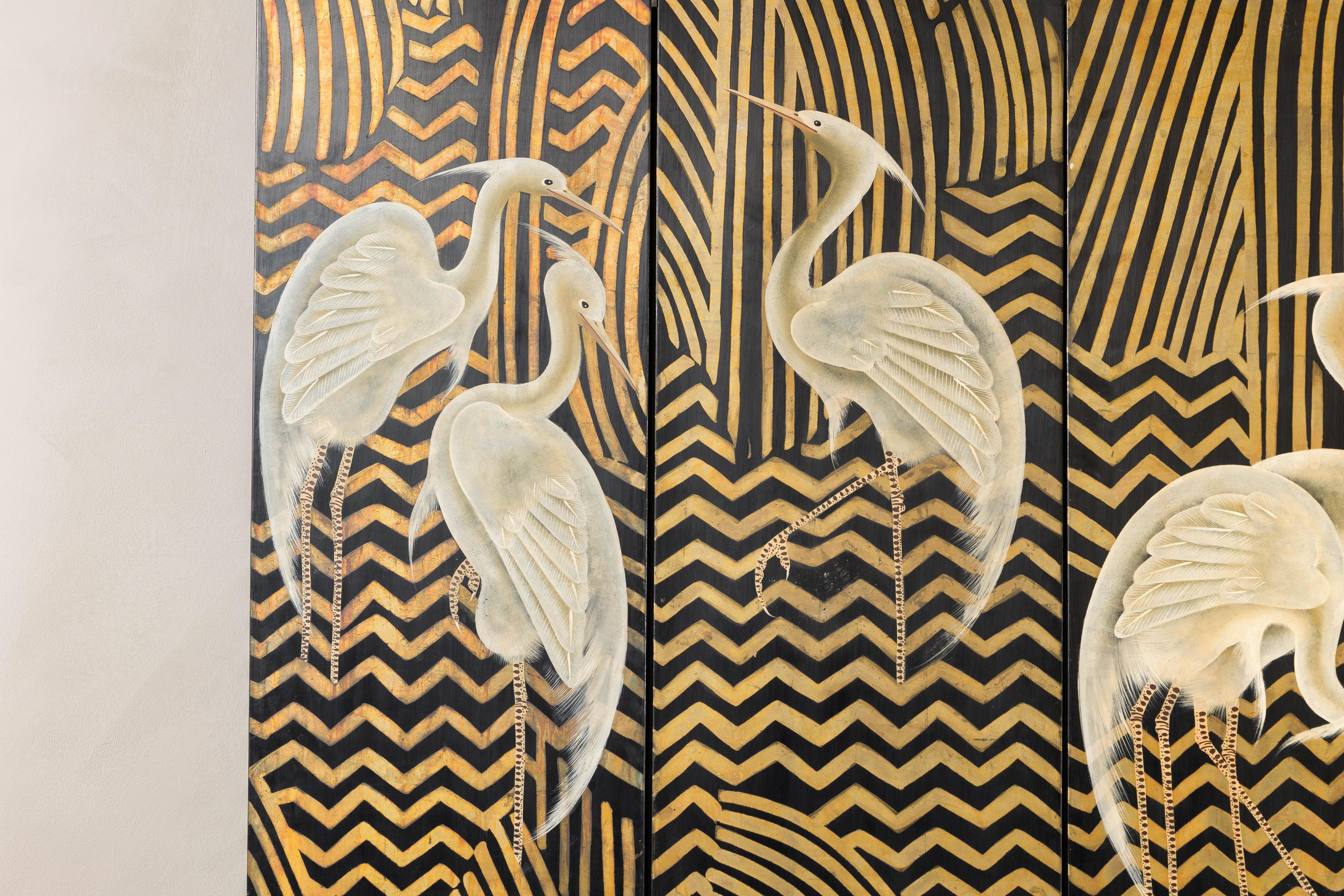 Art Deco Style Black and Gold Four-Panel Screen with Painted White Cranes 4
